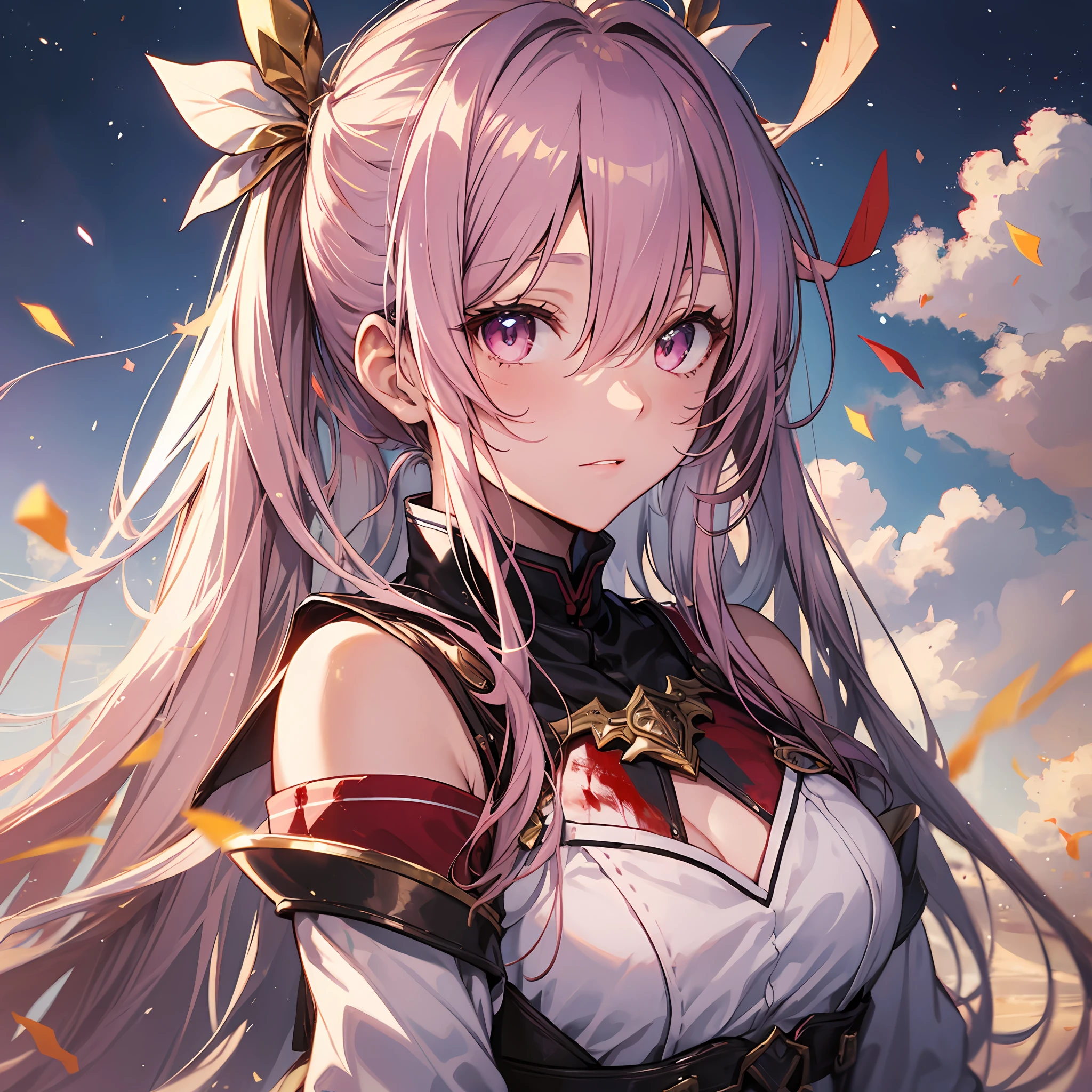 A masterpiece of literary text、best qualiy、Asuna\(stars\)、1girls、armature、bare shoulder、blushed、breastplate、Pink eyes、Pink Hair、The dress、Blood Knight Uniform\(stars\)、Lambent Light、slong hair、Watch your audience、Golden Ribbon、ribbons、scabbard、Very long hair white armor、White dress ponytails Hairy hair