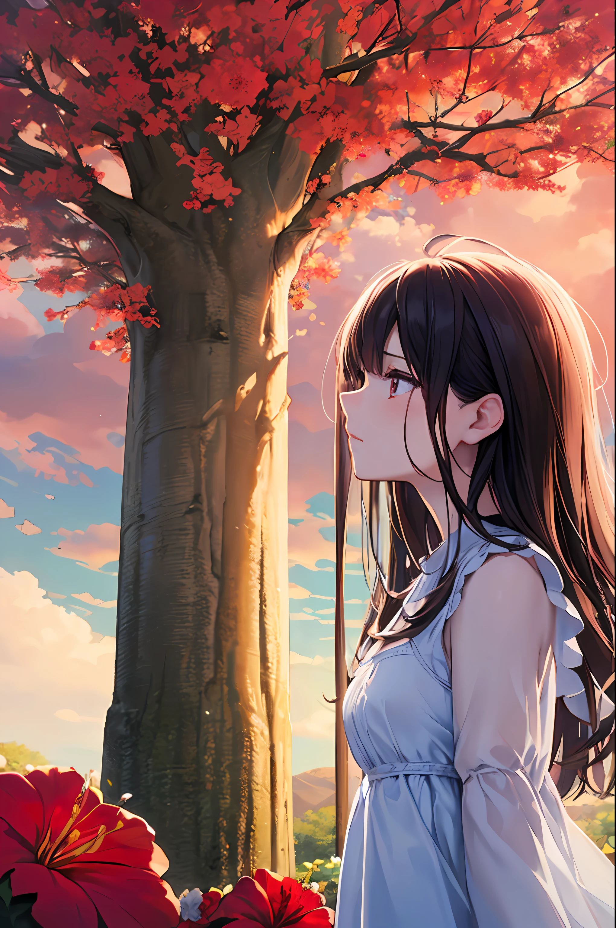 masterpiece, Ultra-detail, illustration, (1girls,独奏), sad, closed mouth, (White dress, It features a simple) break (Depth-of-field:1.4), dramatic cloud, flower fields, (hibiscus:1.2), (from side)