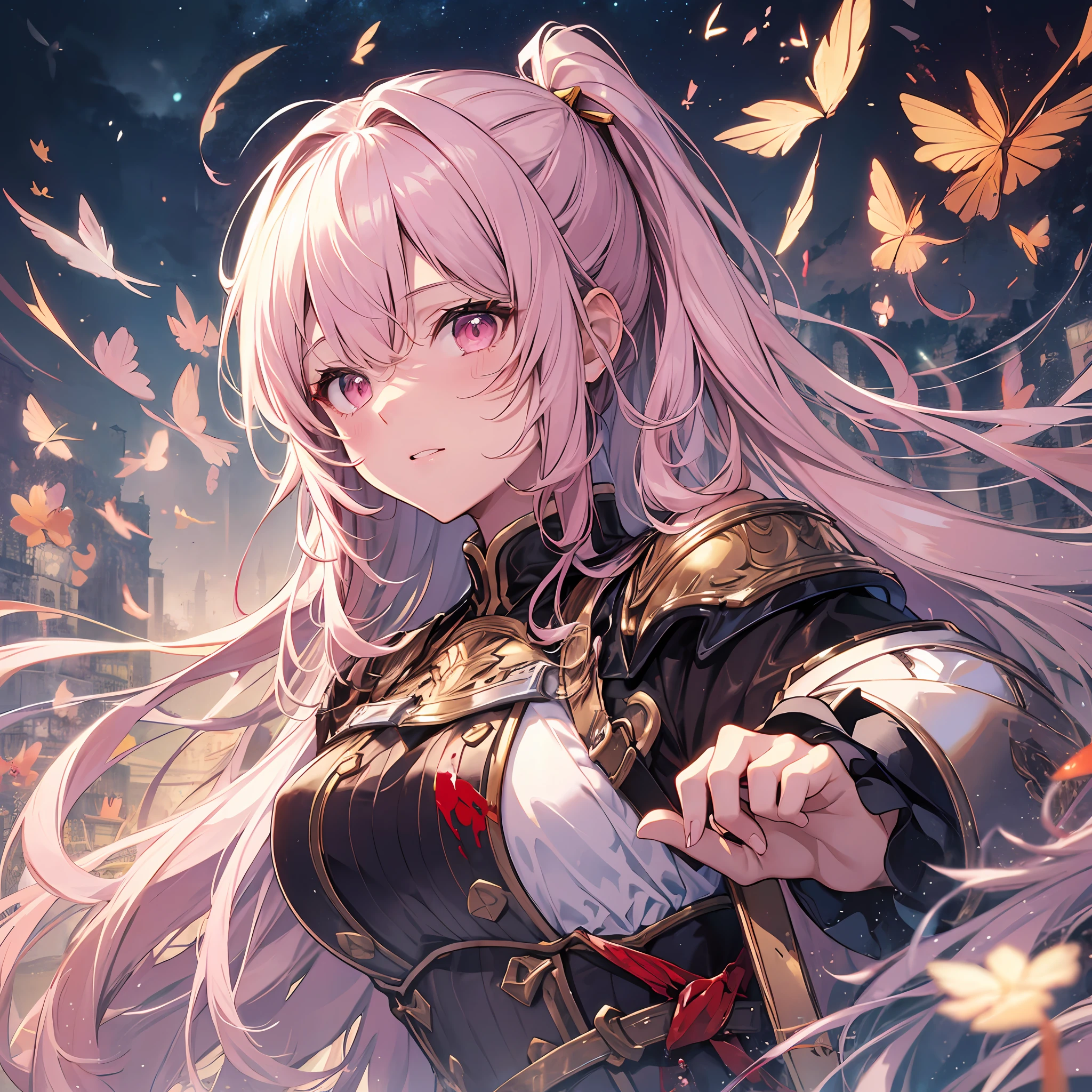 A masterpiece of literary text、best qualiy、Asuna\(stars\)、1girls、armature、bare shoulder、blushed、breastplate、Pink eyes、Pink Hair、The dress、Blood Knight Uniform\(stars\)、Lambent Light、slong hair、Watch your audience、Golden Ribbon、ribbons、scabbard、Very long hair white armor、White dress ponytails Hairy hair