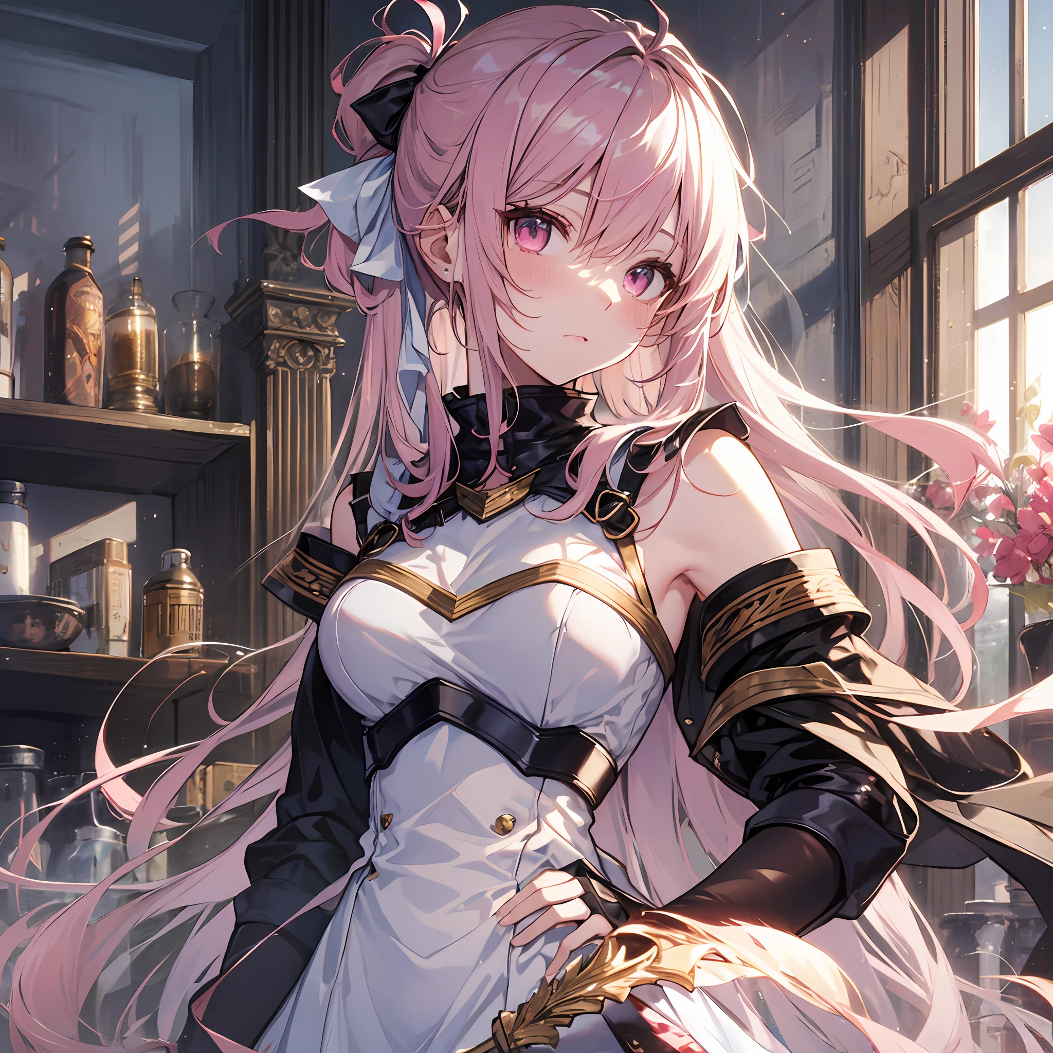 A masterpiece of literary text、best qualiy、Asuna\(stars\)、1girls、armature、bare shoulder、blushed、breastplate、Pink eyes、Pink Hair、The dress、Blood Knight Uniform\(stars\)、Lambent Light、slong hair、Watch your audience、Golden Ribbon、ribbons、scabbard、Very long hair white armor、White dress　ponytails　Hairy hair