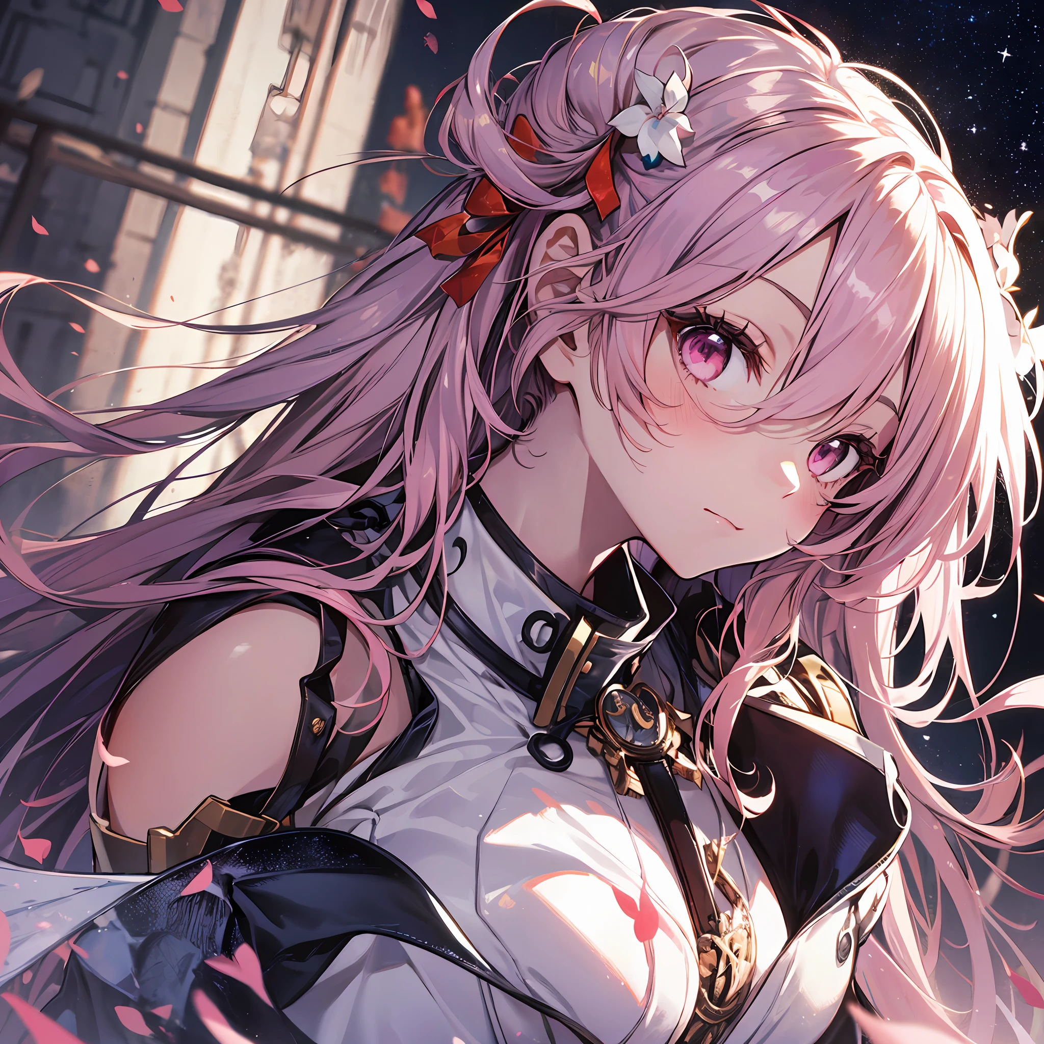 A masterpiece of literary text、best qualiy、Asuna\(stars\)、1girls、armature、bare shoulder、blushed、breastplate、Pink eyes、Pink Hair、The dress、Blood Knight Uniform\(stars\)、Lambent Light、slong hair、Watch your audience、Golden Ribbon、ribbons、scabbard、Very long hair white armor、White dress　ponytails　Hairy hair