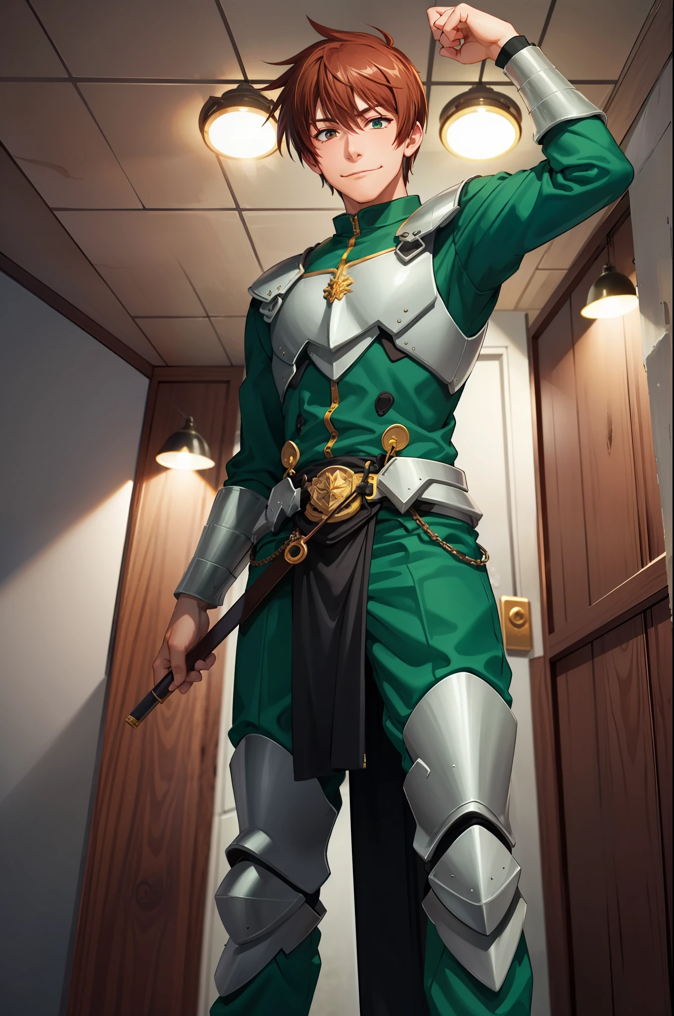 （Ultra-extreme detail），（masterpeace），（hyper extreme），（Lifelike），CG，（colour：1.2），beautifullighting，Light from the front，1boys，Armour，独奏，rance，shorter hair，Green armar，pov from below