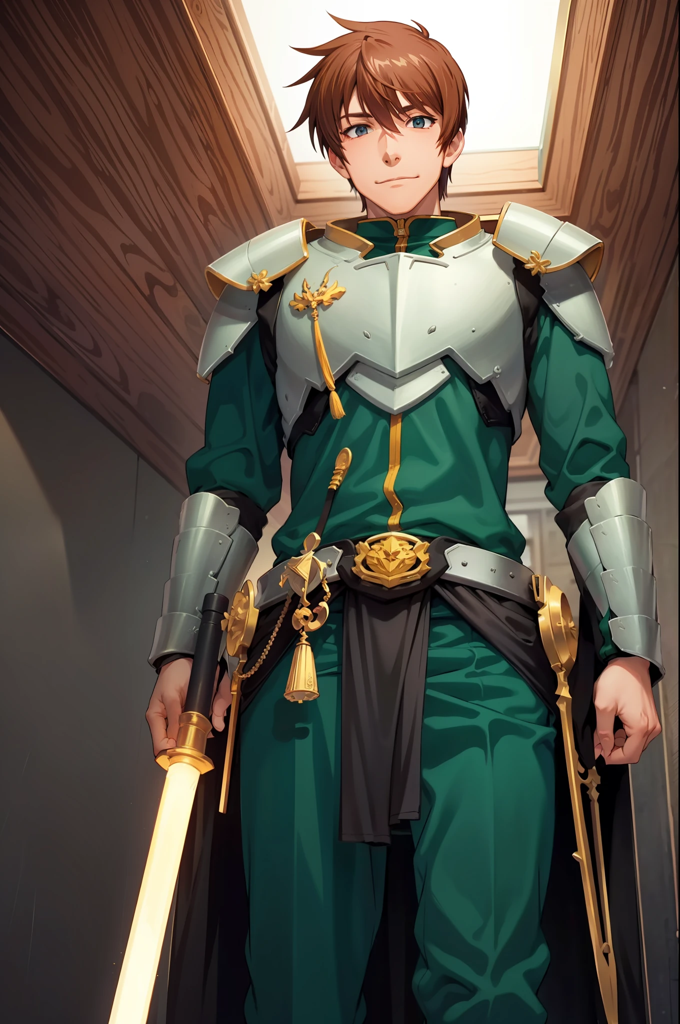 （Ultra-extreme detail），（masterpeace），（hyper extreme），（Lifelike），CG，（colour：1.2），beautifullighting，Light from the front，1boys，Armour，独奏，rance，shorter hair，Green armar，pov from below