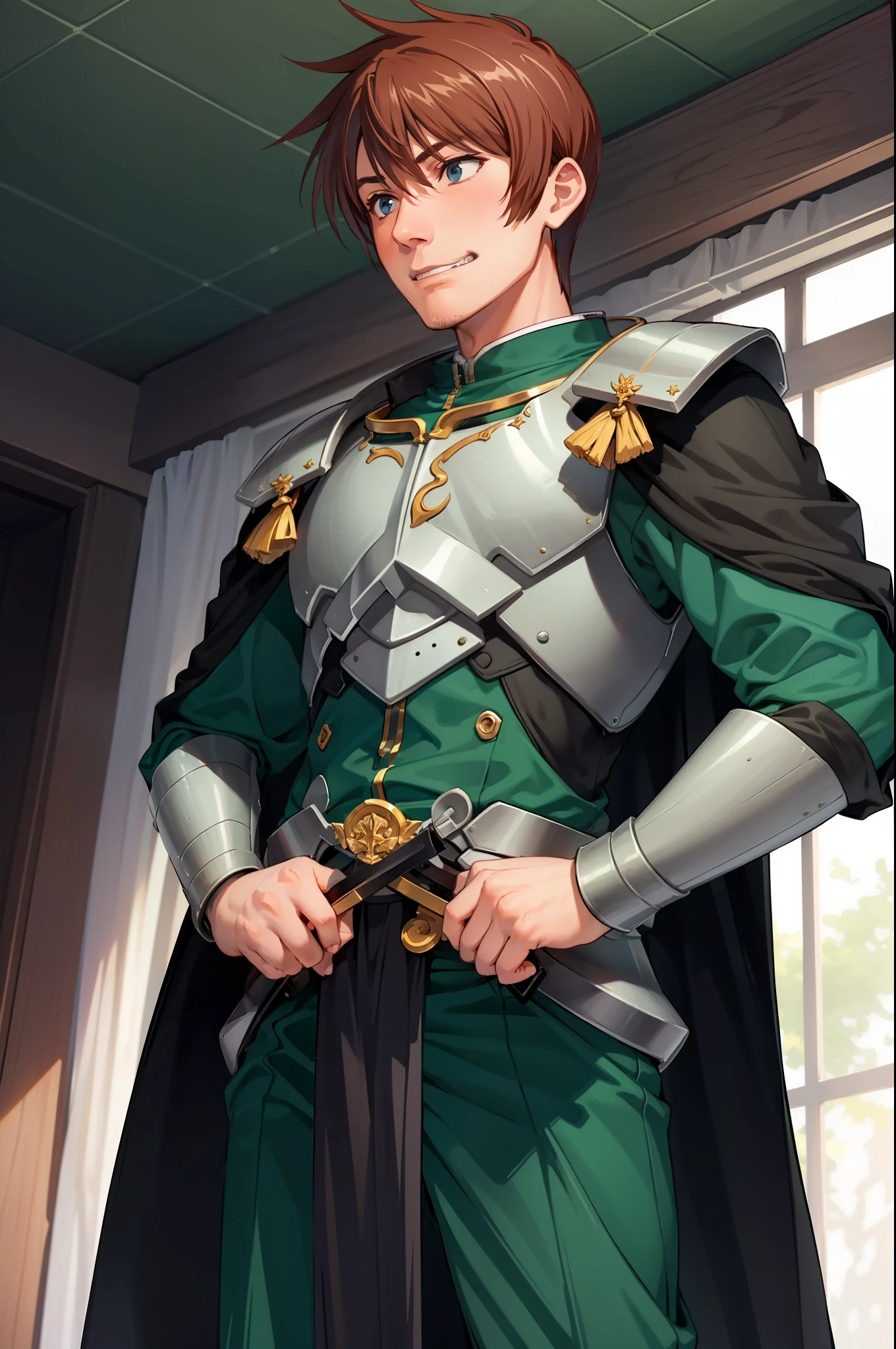 （Ultra-extreme detail），（masterpeace），（hyper extreme），（Lifelike），CG，（colour：1.2），beautifullighting，Light from the front，1boys，Armour，独奏，rance，shorter hair，Green armar，pov from below