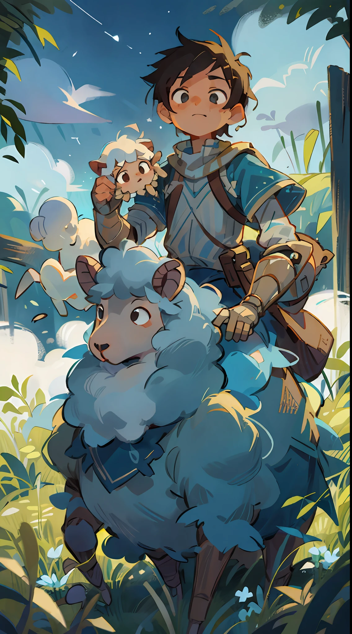 Prairie, a boy riding on the back of a sheep, knight, night, starry