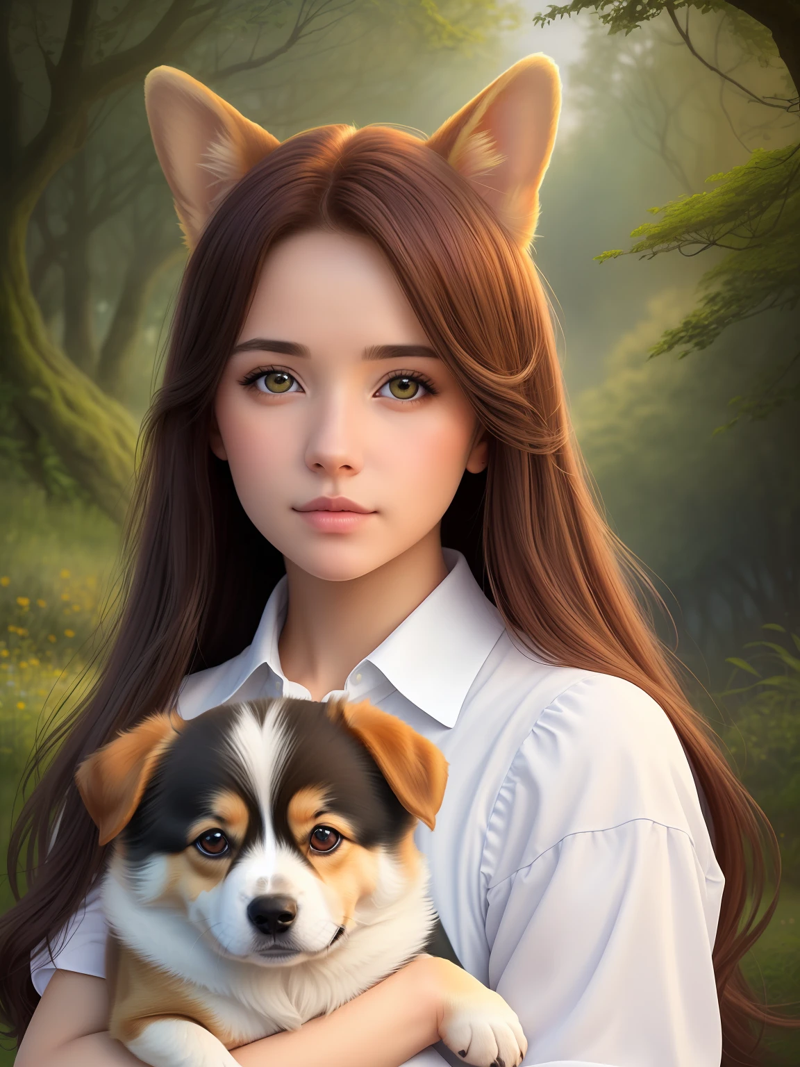 1girls, Upper body portrait of beautiful 21 year old woman (a little welsh corgi puppy in her arms), Looking at Viewer, piercing eyes, fairyland at background, neko, mystical, Surreal, Colorful, Detailed face, Detailed skin, HD, dream, Ultra Wide Angle, Hyper-Realism, hyper detailed, centred