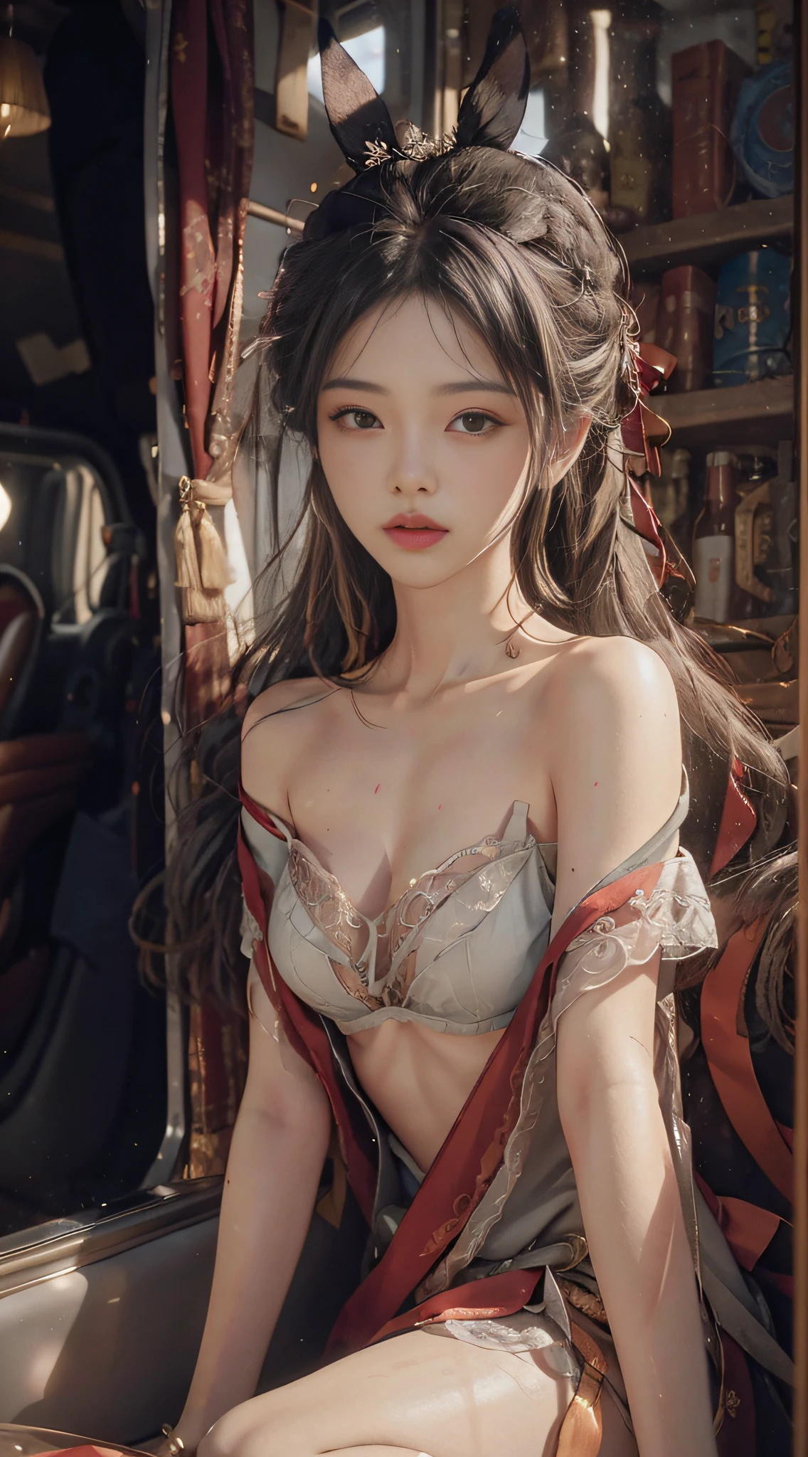 (from the outside) the best quality, masterpieces, realistic photos, intricate details, original photos, off work, home, on a private jet, it's raining outside, erotic lingerie, gray hair, extra-long hair, bare shoulders,