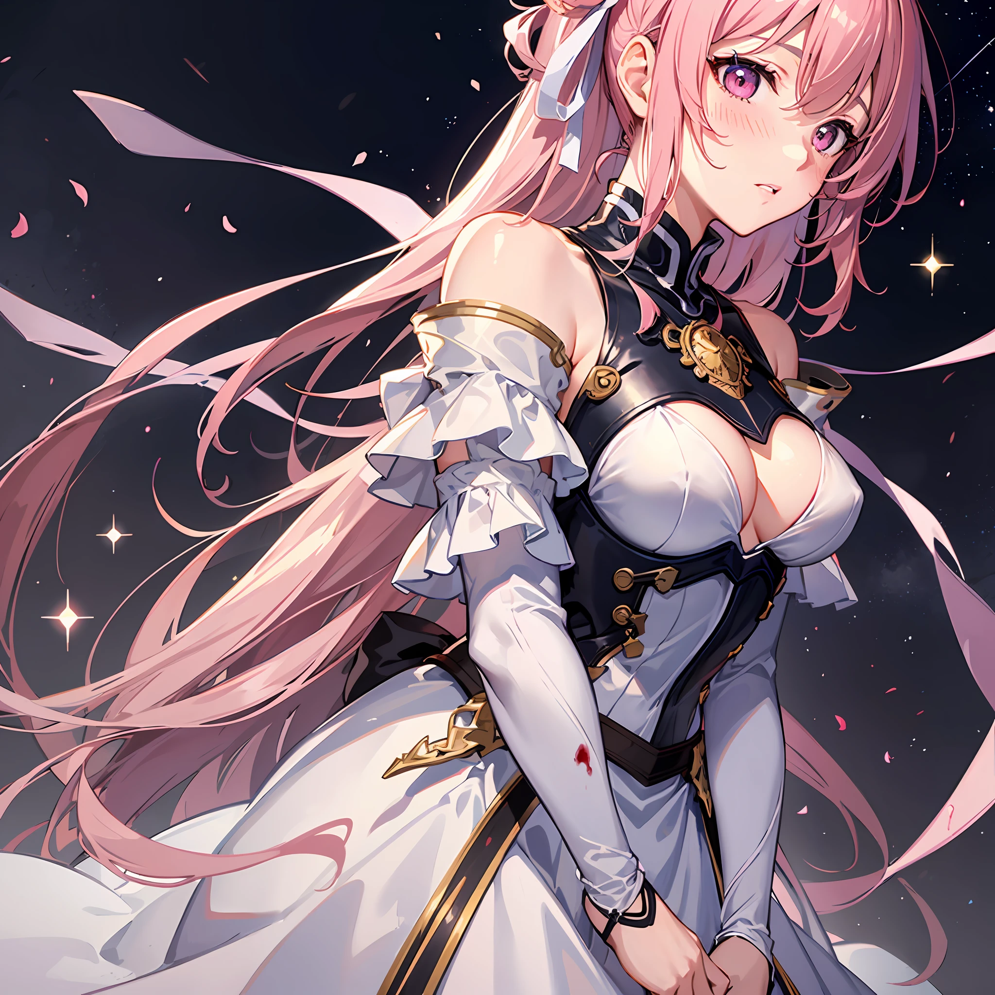 A masterpiece of literary text、best qualiy、Asuna\(stars\)、1girls、armature、bare shoulder、blushed、breastplate、Pink eyes、Pink Hair、The dress、Blood Knight Uniform\(stars\)、Lambent Light、slong hair、Watch your audience、Golden Ribbon、ribbons、scabbard、Very long hair white armor、White dress ponytails Hairy hair