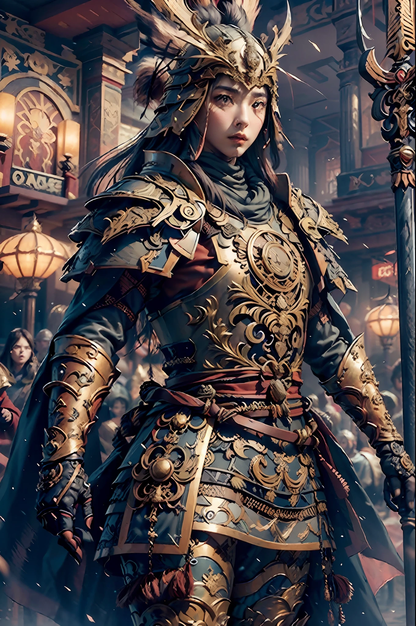 ((Masterpiece)), ((Best quality)), ((Super detailed)), ((Surreal)), ((Highly detailed CG illustrations)), Movie light, realistic, incredibly beautiful young woman, light makeup, intricate and complex details, eaba, red cloak, spear.