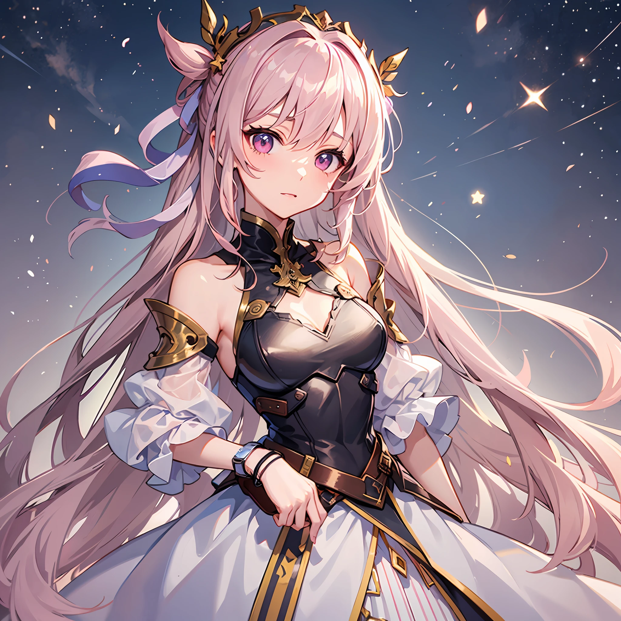 A masterpiece of literary text、best qualiy、Asuna\(stars\)、1girls、armature、bare shoulder、blushed、breastplate、Pink eyes、Pink Hair、The dress、Blood Knight Uniform\(stars\)、Lambent Light、slong hair、Watch your audience、Golden Ribbon、ribbons、scabbard、Very long hair white armor、White dress　ponytails　Hairy hair