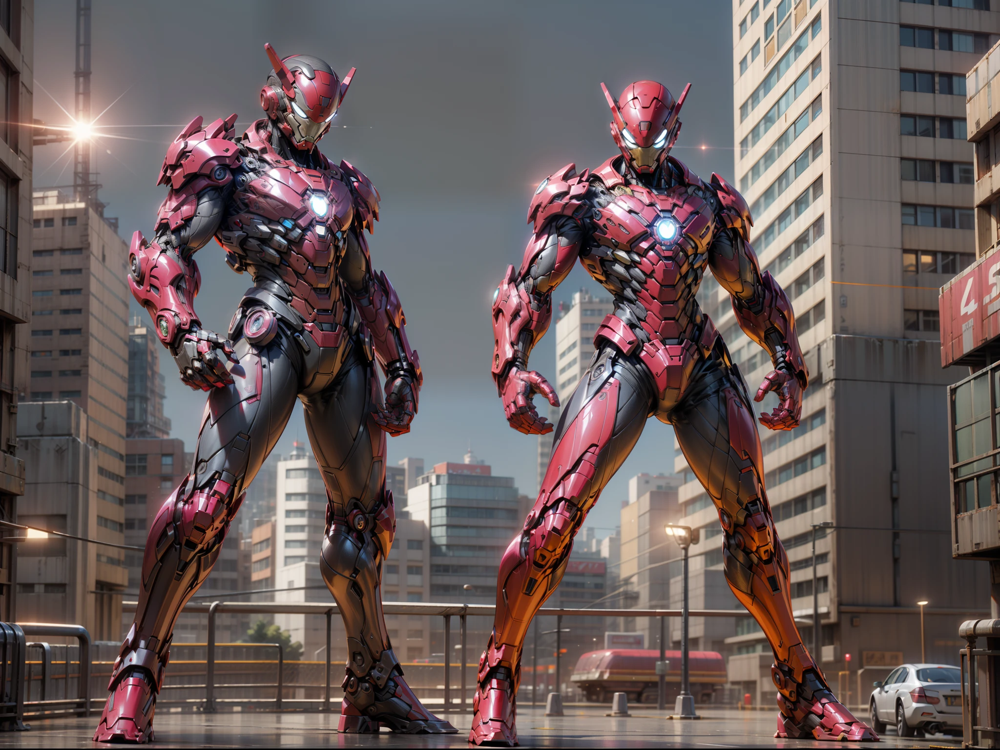3dcharacter warrios, ironman, marvel (full body:1.2),Spiderman and werewolf, standing looking at each other, city background, universe background, 3d, c4d,, masterpiece,best quality,(red gradient background:1.1)