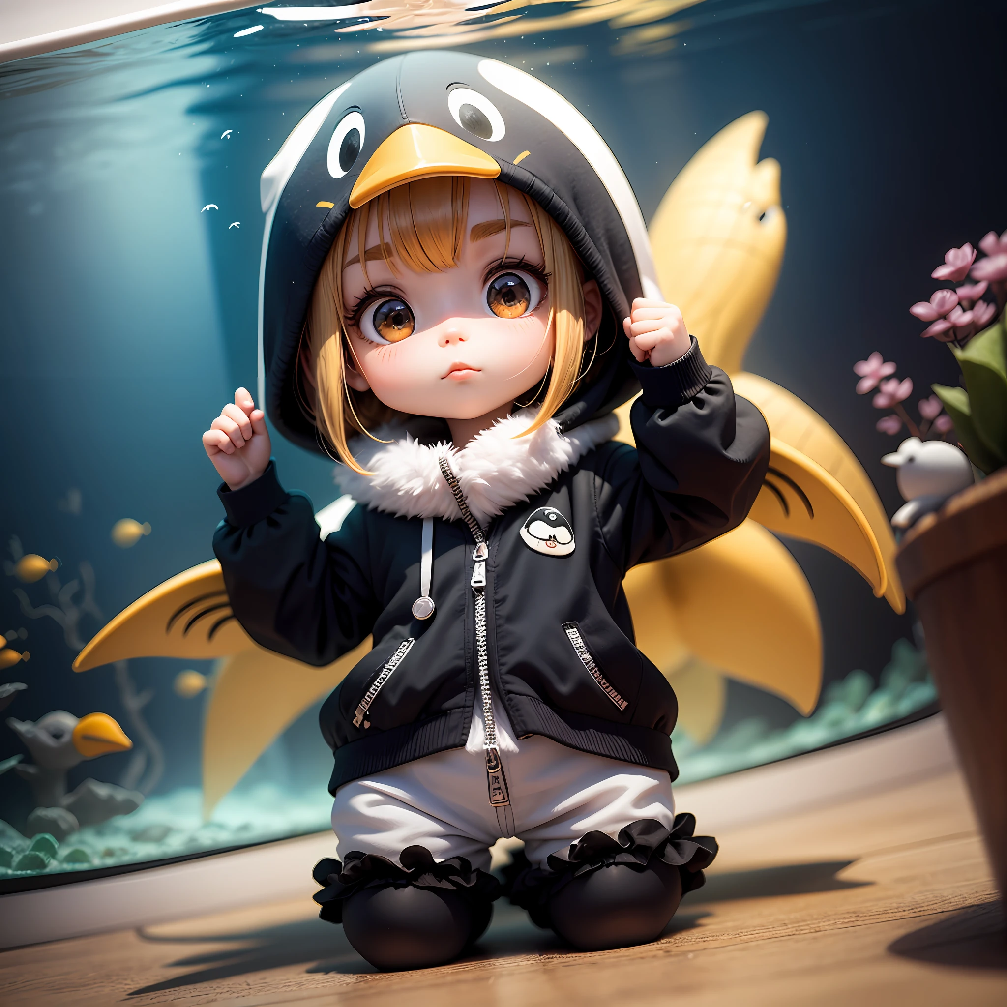 masterwork　Chibi 3D Wearing a penguin costume　cute and beautiful chibi,Chibi 3D Inside a Giant Aquarium --auto