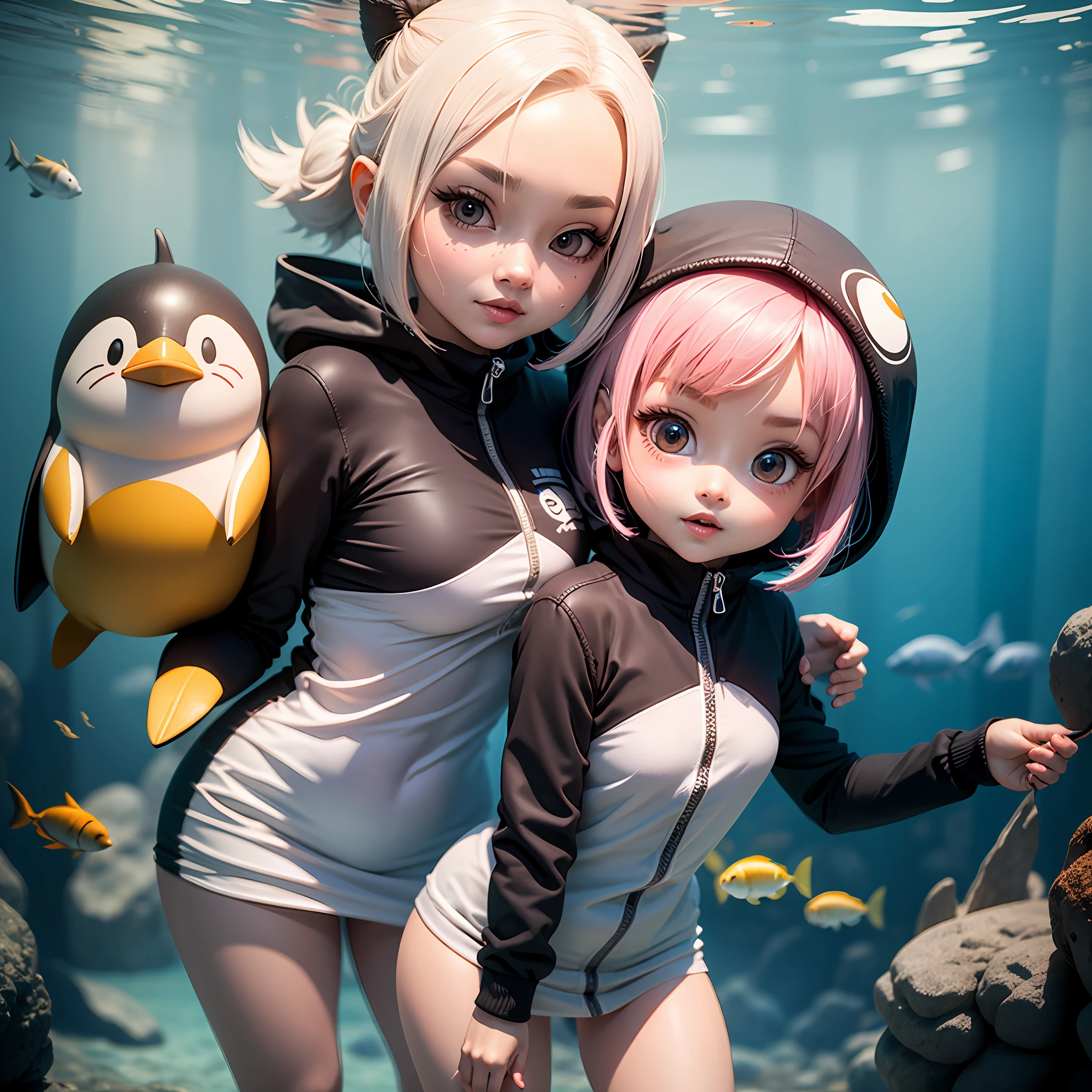 masterwork　Chibi 3D Wearing a penguin costume　cute and beautiful chibi,Chibi 3D Inside a Giant Aquarium --auto