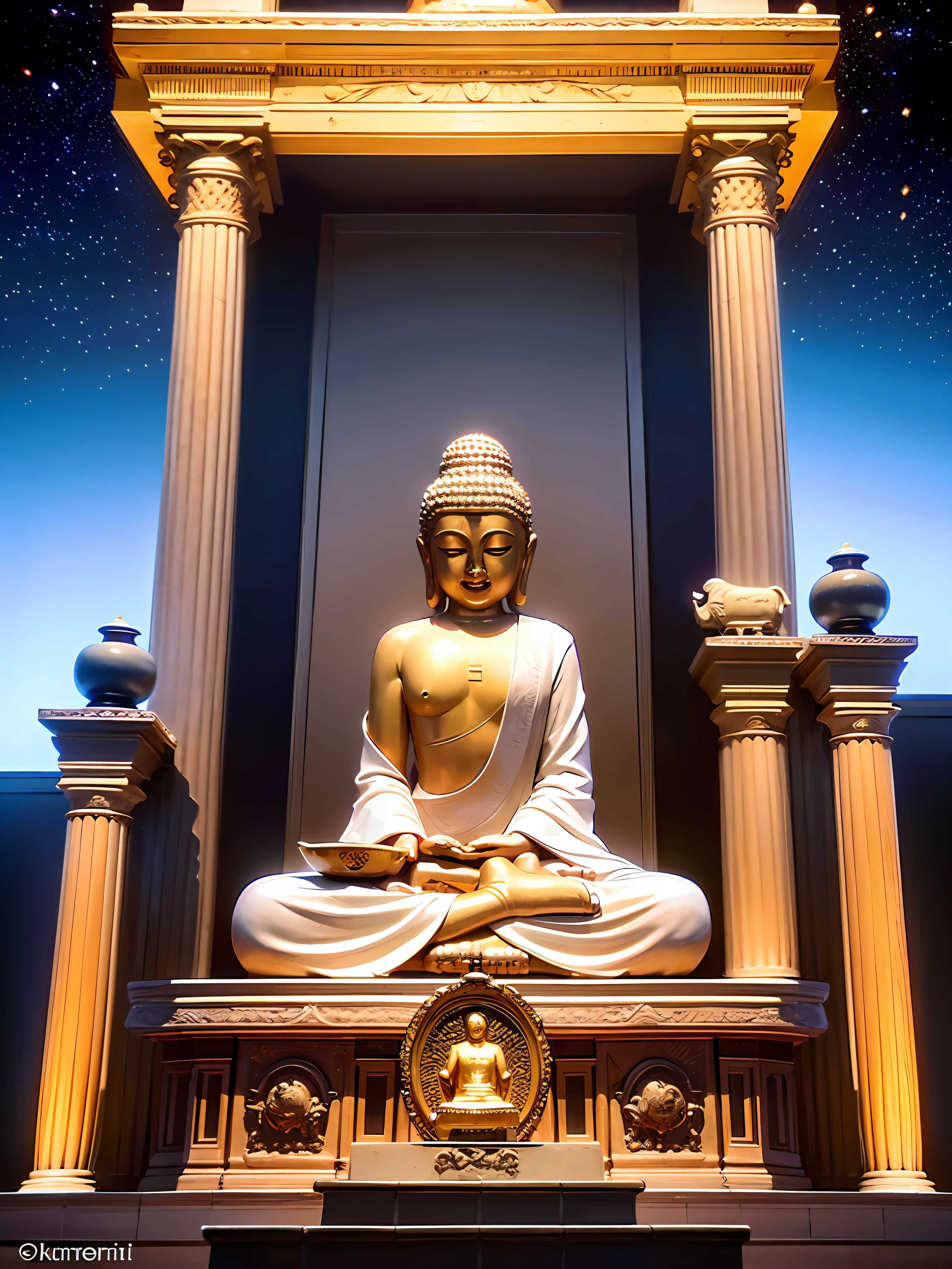 Maitreya, Maitreya Buddha, Maitreya, a large golden Buddha statue sitting in a room with a blue ceiling and a background of blue sky, clouds, above_clouds, airship, aurora, bridge, building, castle, chimney, city, city_lights, cityscape , clock, clock tower, clouds, cloudy sky, constellations, crescent, desert, earth_\(planet\), fireworks, floating islands, fountains, galaxies, glowing, houses, islands, lampposts, lanterns, light particles , galaxy, moon, mountain, night, night sky, no_humans, planet, landscape, meteor, sky, skyline, skyscraper, snow, snowing, space, star_\(sky\), star_\(symbol\), starry_sky, starry_sky_print, telescope, tower, town, twilight, ship