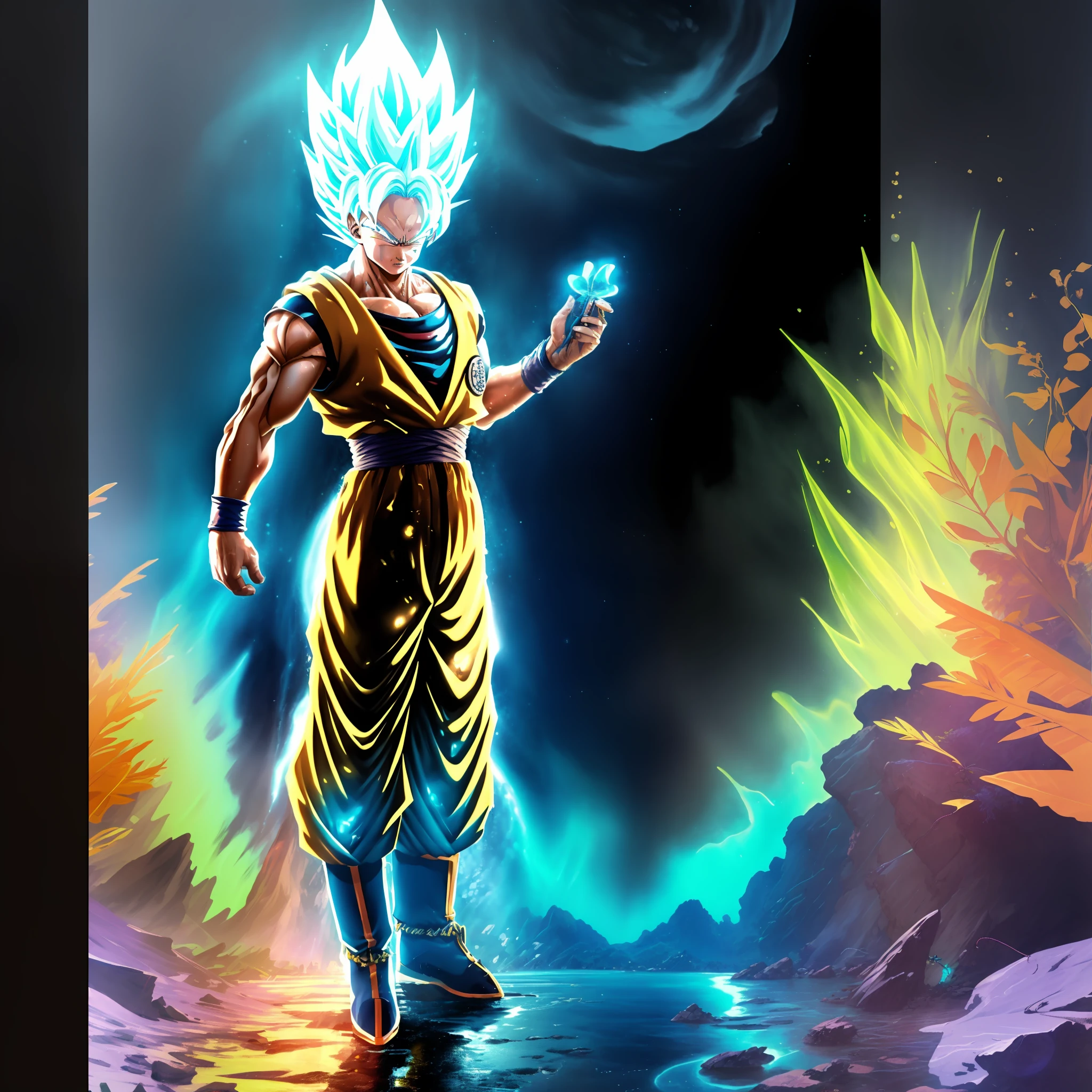 Anime Style Super Instinct Super Saiyan Goku、Platinum Blonde Hair、full - body、Wet skin、Wet hair、night  sky、lluvia、hyperdetailed painting、luminism、Art concept art by Carne Griffith and Wadim Kashin、4K resolution、fractal isometricdetailbioluminescence、3D Rendering、Octane Rendering、Intricately detailed、Cinematic、Trend isometric center hype realistic cover photo amazing full color at art station、hand - drawn、gritty、Complex、hit definition、Cinematic、Rough sketch、Too wire、paper。