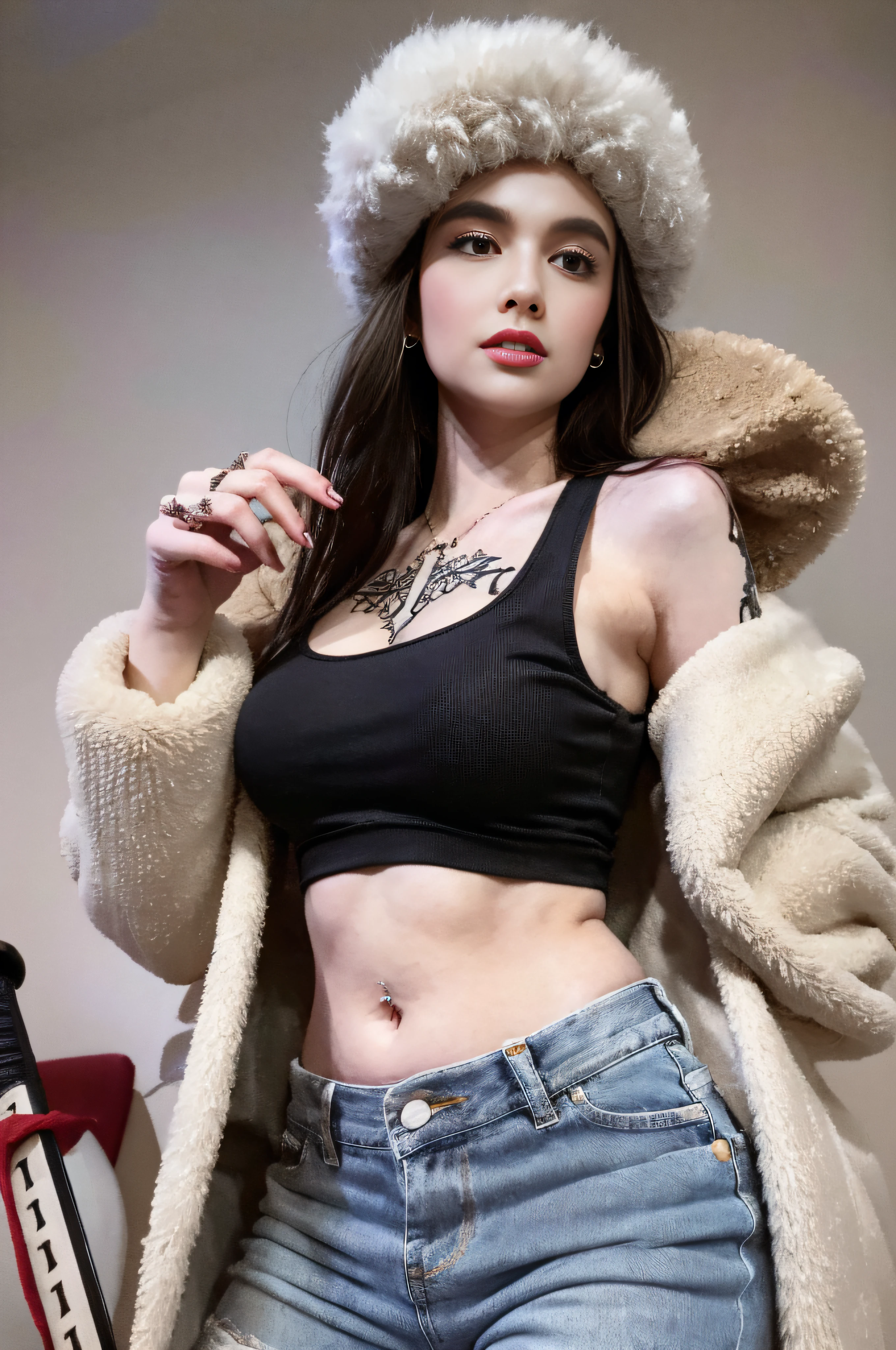 masterpiece, best quality, 8k,highestres, absurdres, extremely detailed, female trafalgar law, 1girl, holding a sword, solo, looking at viewer, long hair, medium breasts, hat, navel, earrings, midriff, pants, coat, fur trim, denim, jeans, shoulder tattoo, hand tattoo, finger tattoo, black fur-trimmed coat, coat on shoulders, yellow tank top,///,