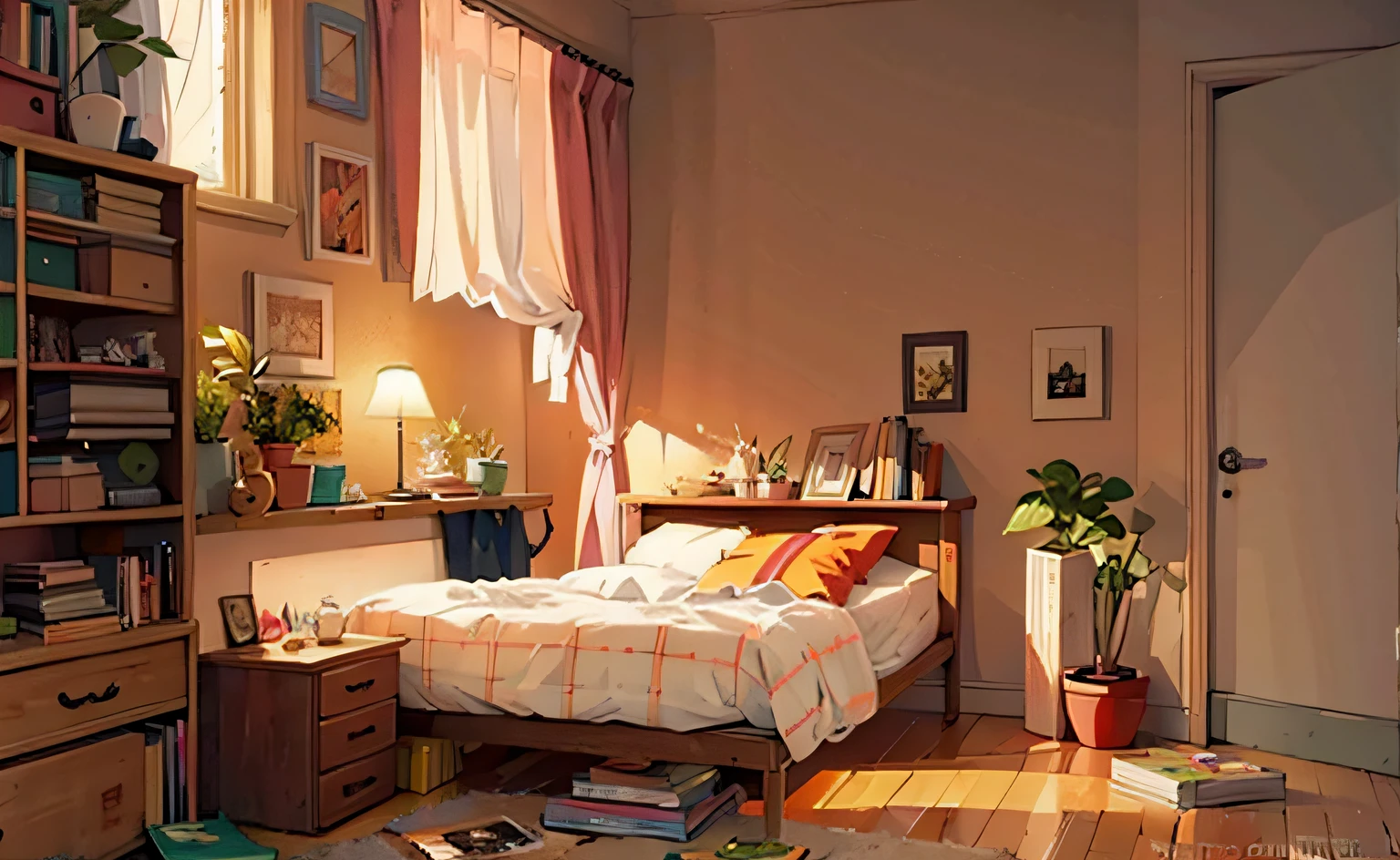 there is a bed in a room with a book shelf and a desk, a sunny bedroom, realistic afternoon lighting, personal room background, afternoon lighting, bedroom background, afternoon sunlight, dramatic warm morning light, photorealistic room, interior background art, cozy room, dim bedroom, bedroom in studio ghibli, golden hour sunlight, warm lighting with cool shadows, Soft morning lighting