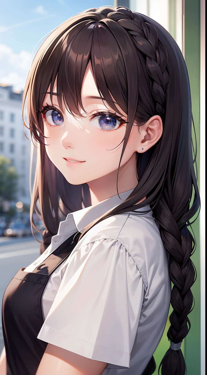 The girls1people、独奏、pretty smile、full - body、White polo shirt、Black Apron、masterwork、best qualiy、Realstic、hyper detailed、Glossy skin、absurdres、is looking at the camera、Braids、brown eyess、Slender、dinamic lighting、Highresolution、sharpening Focus、Depth-of-field、Detailed eye、Sharp eyes、Realistic eyes、out door、The sky