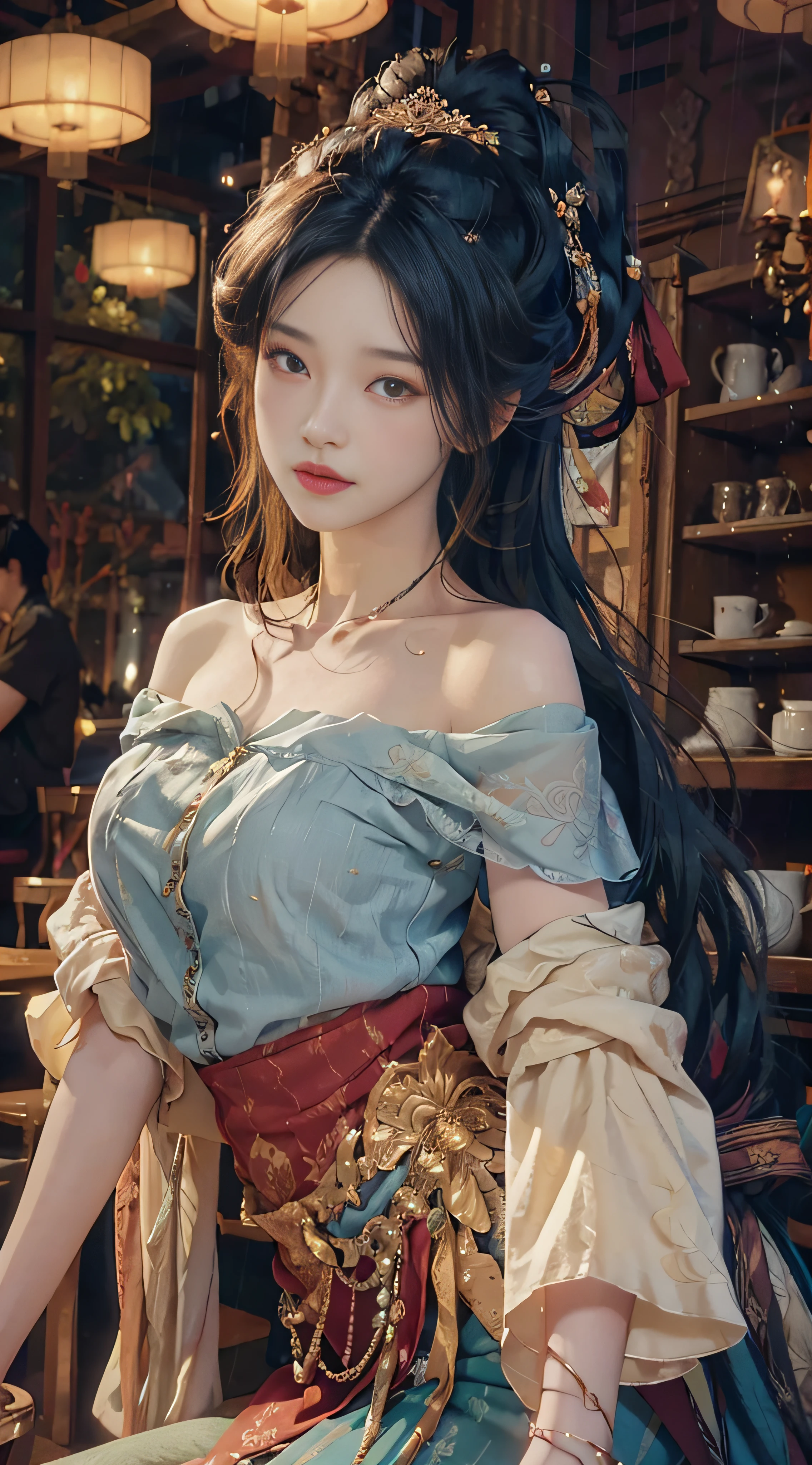 (from the outside) the best quality, masterpieces, realistic photos, intricate details, original photos, inside the café, raining outside, professional wear, colorful hair, extra-long hair, off-the-shoulder, feather hair accessories,