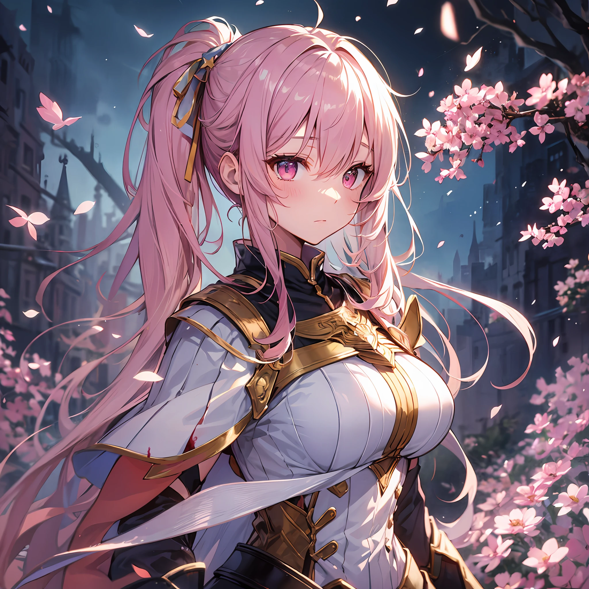 A masterpiece of literary text、best qualiy、Asuna\(stars\)、1girls、armature、bare shoulder、blushed、breastplate、Pink eyes、Pink hair、The dress、Blood Knight Uniform\(stars\)、Lambent Light、slong hair、Watch your audience、Golden Ribbon、ribbons、scabbard、Very long hair white armor、White dress ponytails Hairy hair small tits