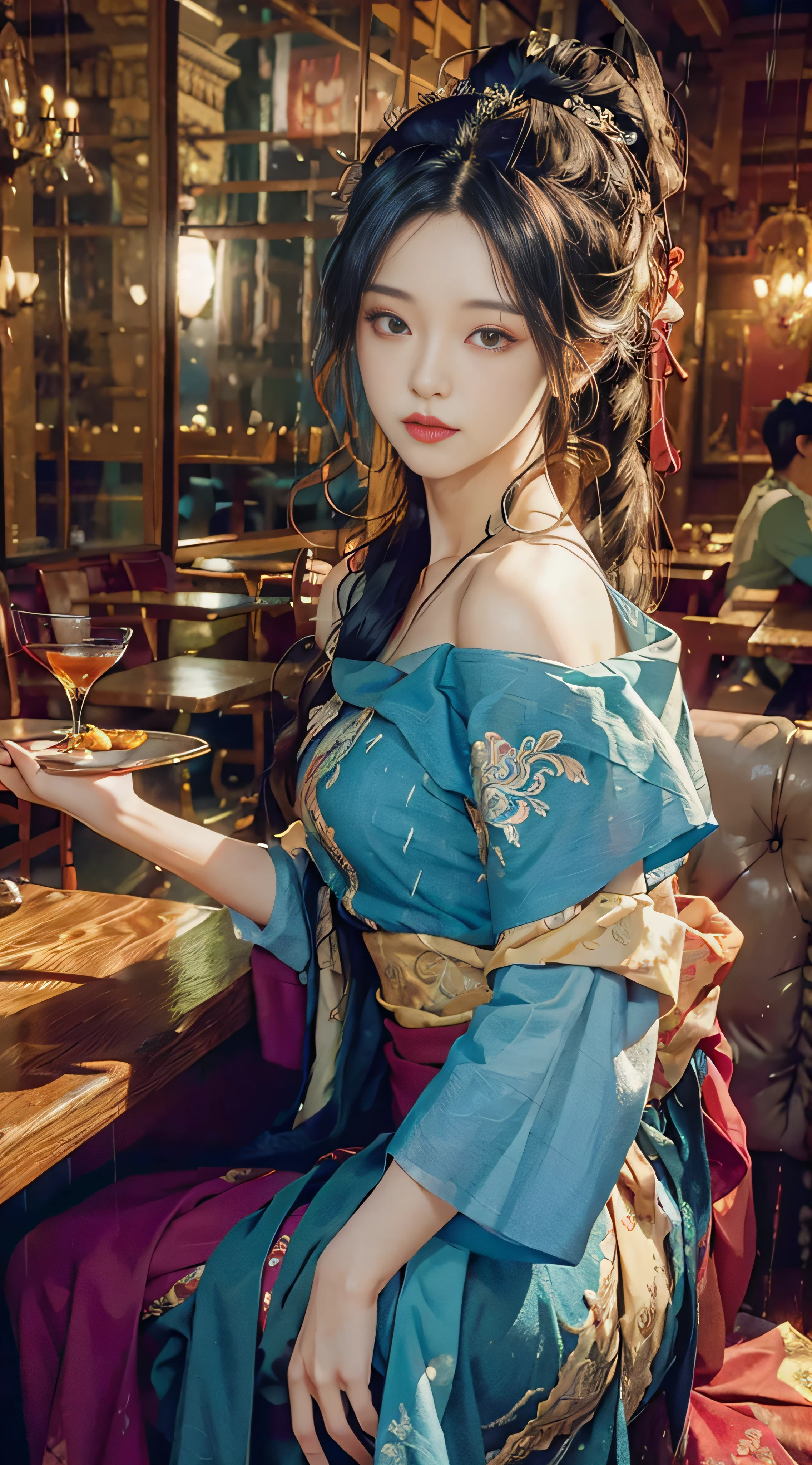 (from the outside) the best quality, masterpieces, realistic photos, intricate details, original photos, inside the café, raining outside, professional wear, colorful hair, extra-long hair, off-the-shoulder, feather hair accessories,