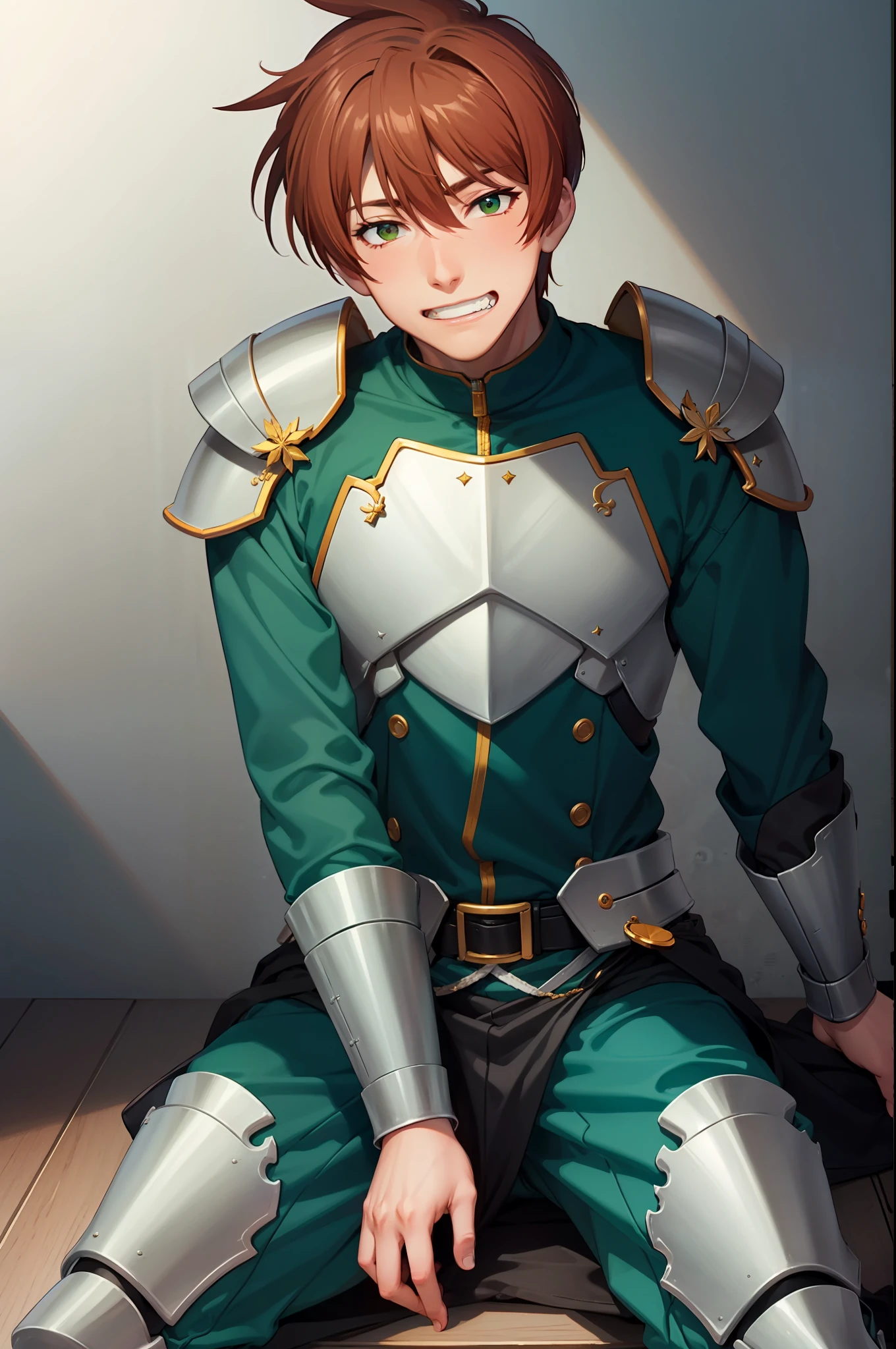 （Ultra-extreme detail），（masterpeace），（hyper extreme），（Lifelike），CG，（colour：1.2），beautifullighting，Light from the front，1boys，Sit（Sit straddled），Armour，独奏，rance，shorter hair，Green armar，pov from below