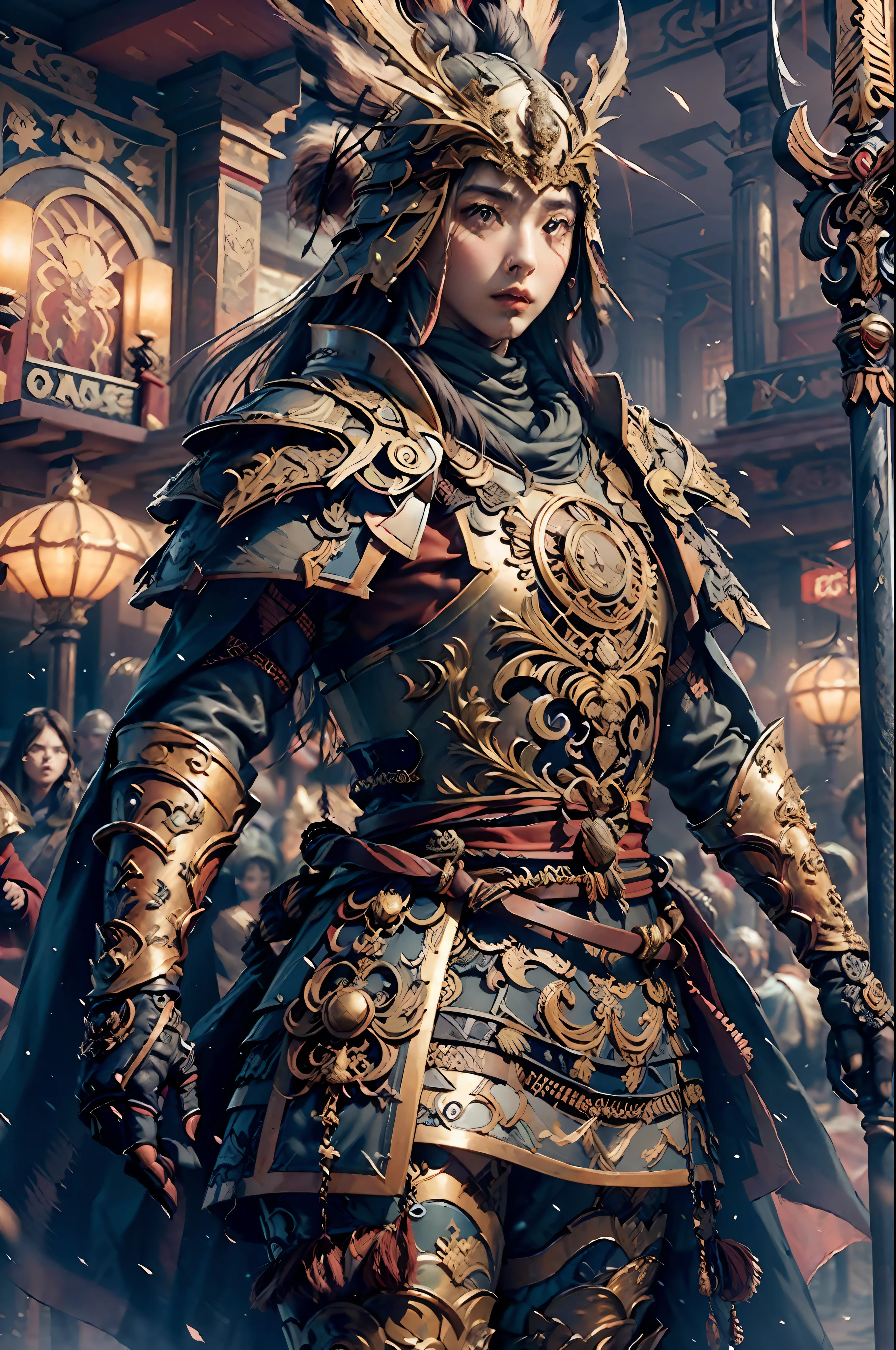 ((Masterpiece)), ((Best quality)), ((Super detailed)), ((Surreal)), ((Highly detailed CG illustrations)), Movie light, realistic, incredibly beautiful young woman, light makeup, intricate and complex details, eaba, red cloak, spear.
