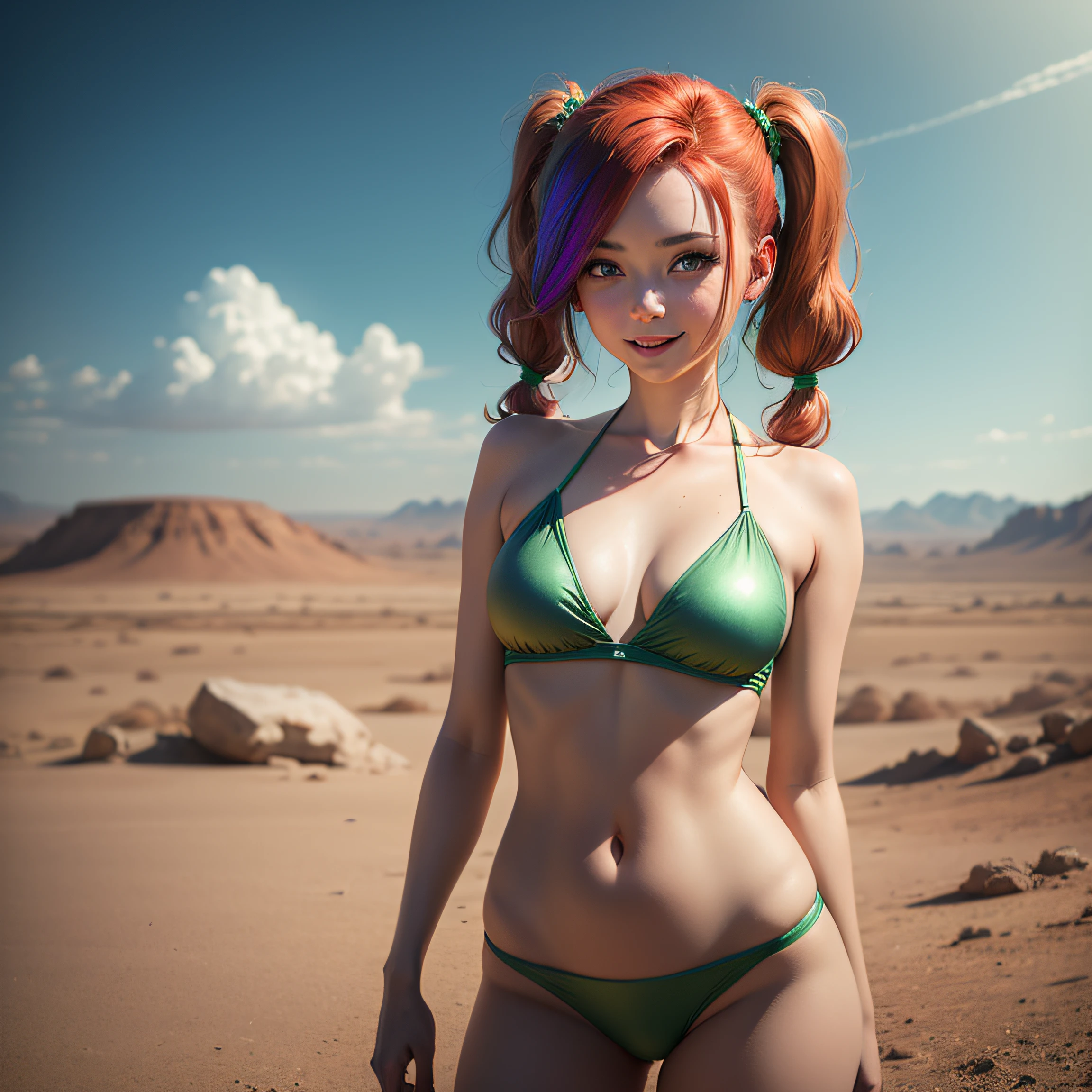 cute redhead woman in twin tails, multiple rainbow colored hair, sky-blue eyes, happy, Ukrainian, petite, pale skin, wearing a green metallic color bikini, post apocalyptic background, bleak barren desert, photo realistic woman. --auto
