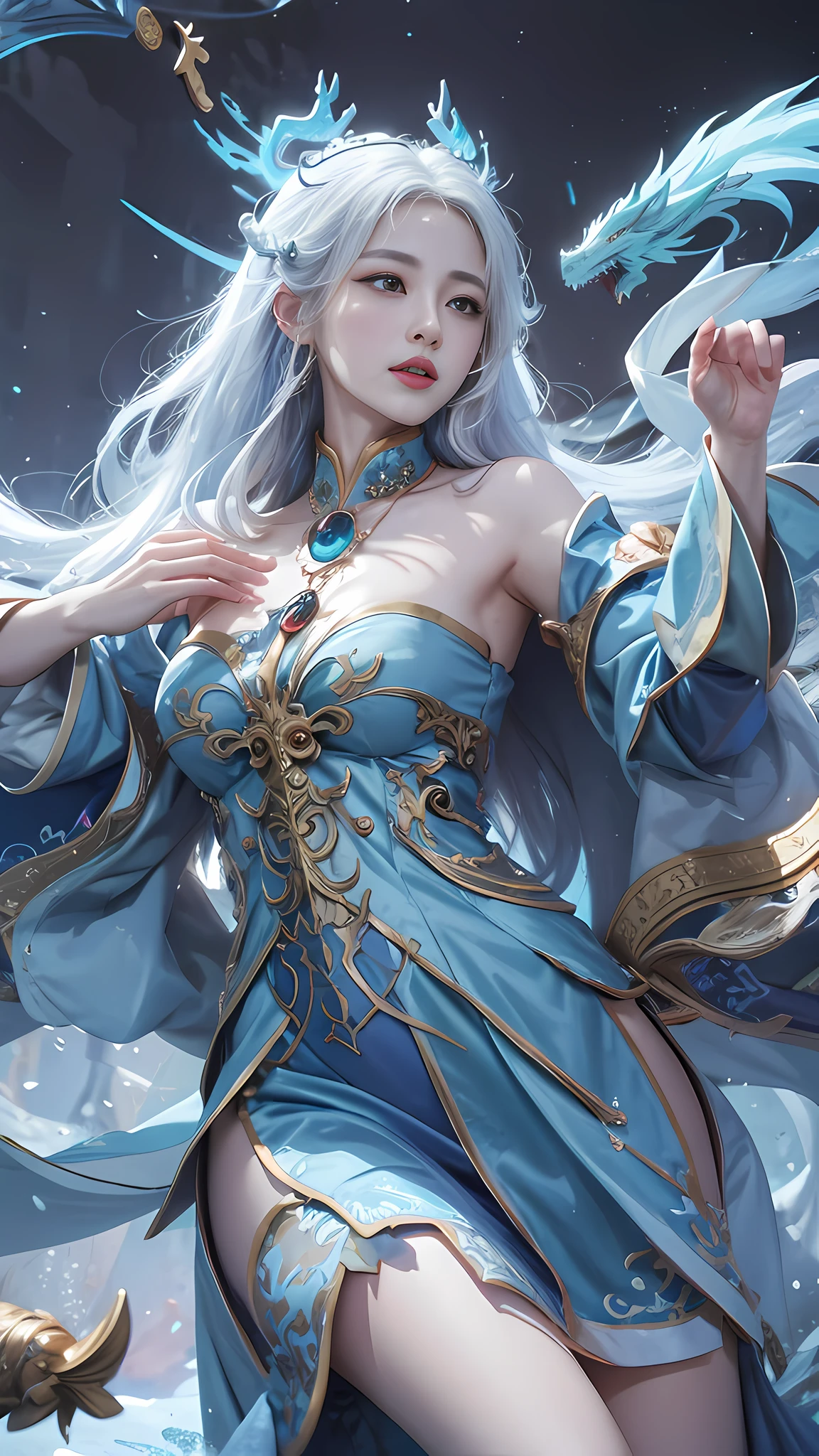 Anime girl in blue dress，There is a dragon on the shoulder, beautiful celestial mage, extremely detailed artgerm, white haired deity, queen of the sea mu yanling, full body xianxia, flowing magical robe, by Yang J, Artgerm on ArtStation Pixiv, ! dream artgerm, Ruan Jia and Artgerm