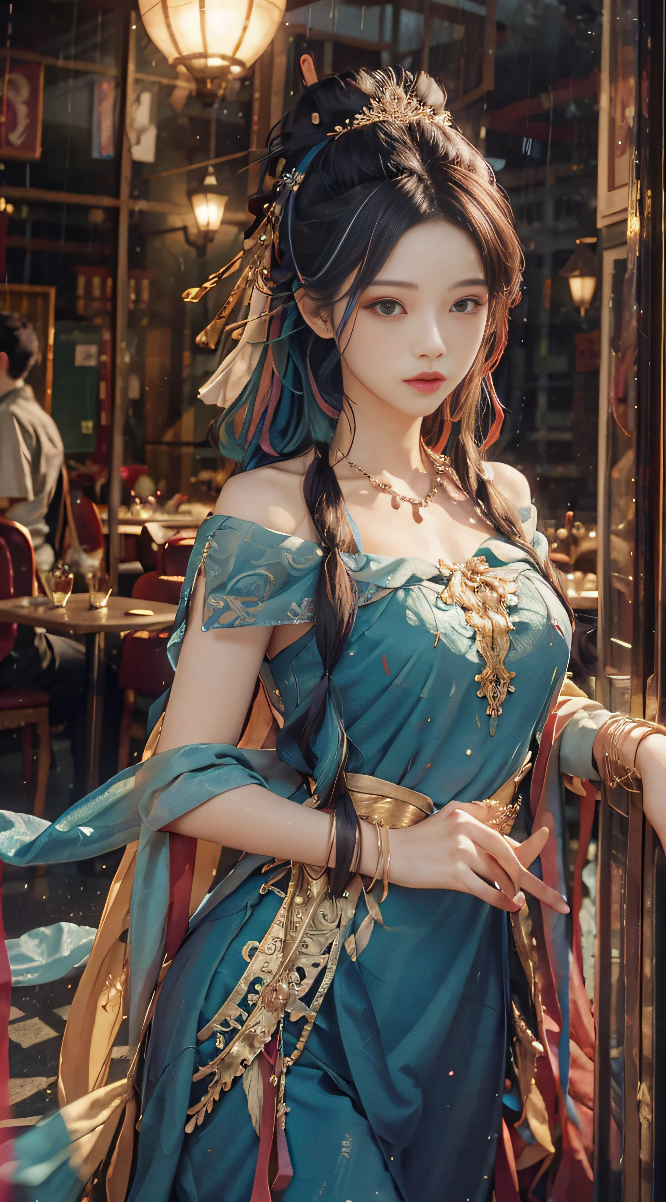 (from the outside) the best quality, masterpieces, realistic photos, intricate details, original photos, inside the café, it's raining outside, dresses, colorful hair, extra-long hair, off-the-shoulders, feather hair ornaments,