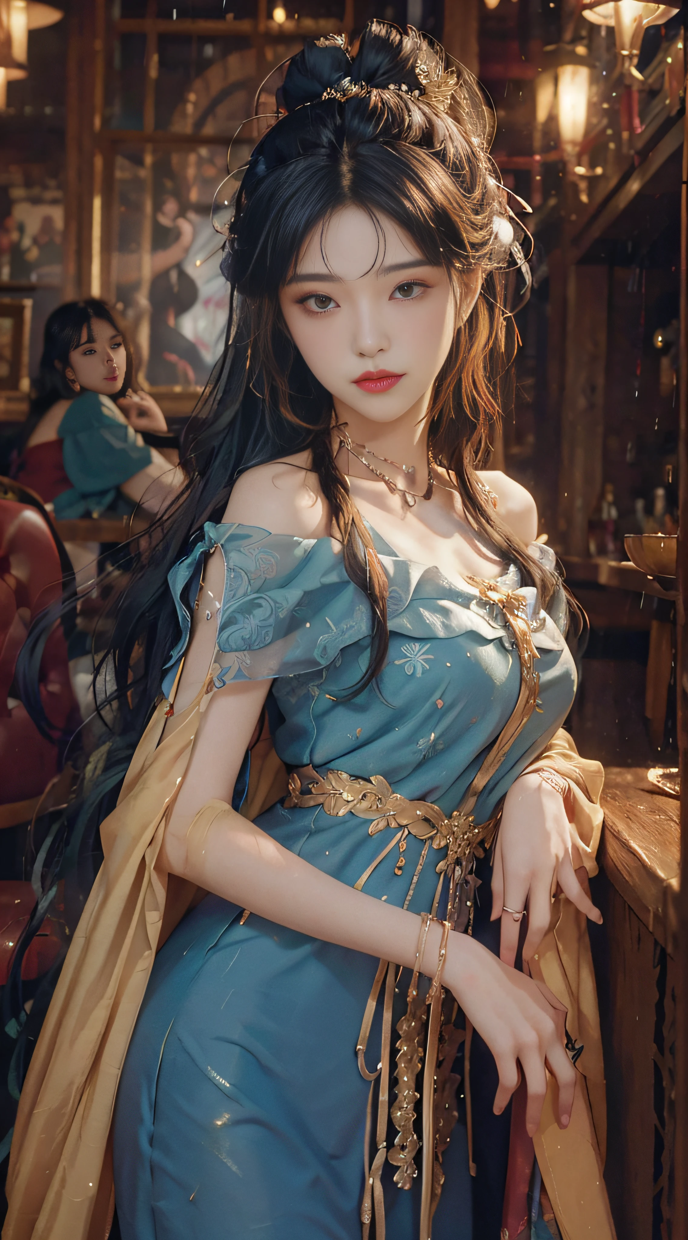 (from the outside) the best quality, masterpieces, realistic photos, intricate details, original photos, inside the café, it's raining outside, dresses, colorful hair, extra-long hair, off-the-shoulders, feather hair ornaments,