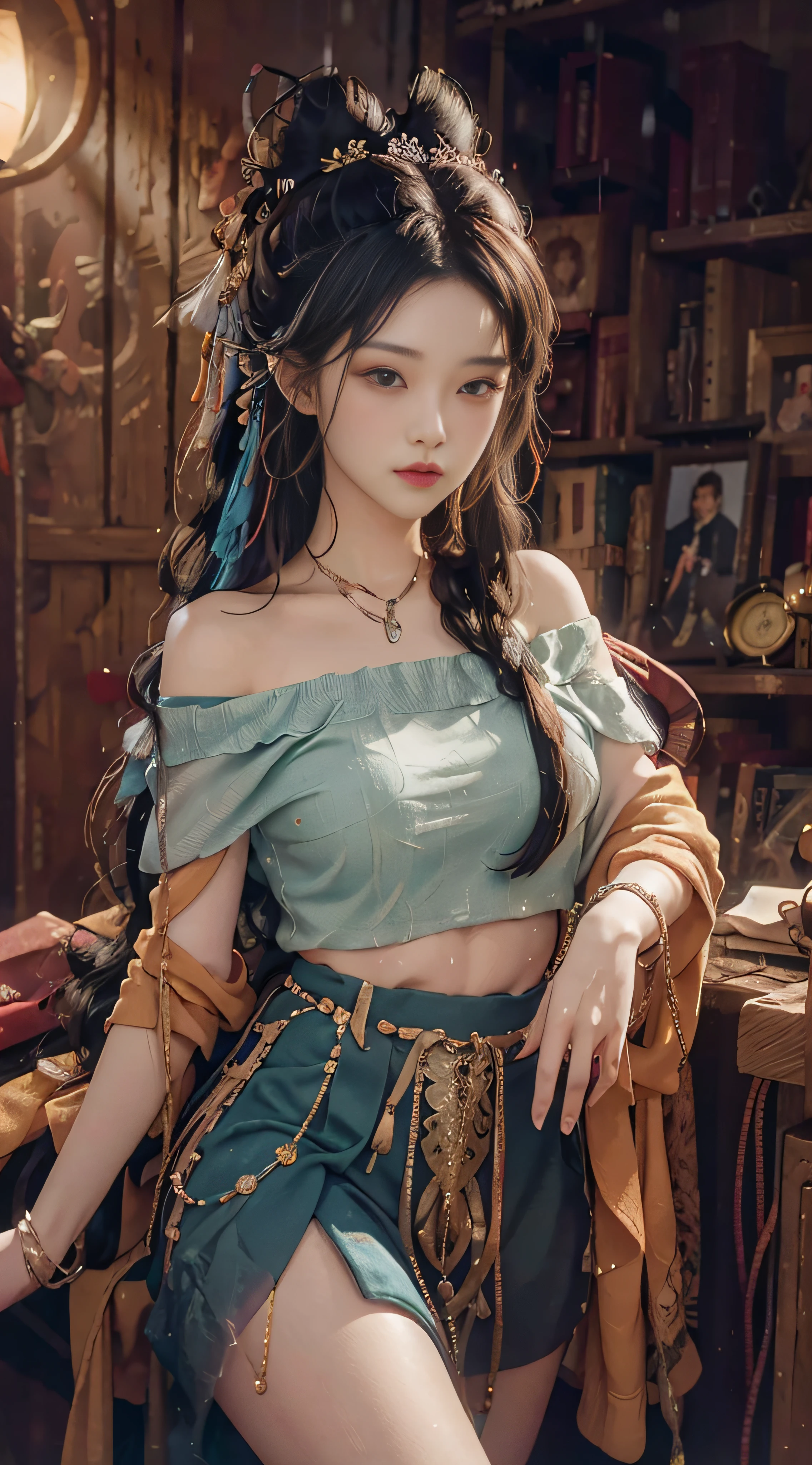(from the outside) the best quality, masterpieces, realistic photos, intricate details, original photos, inside the office building, raining outside, miniskirt, colorful hair, extra-long hair, off-the-shoulder, feather hair ornaments,