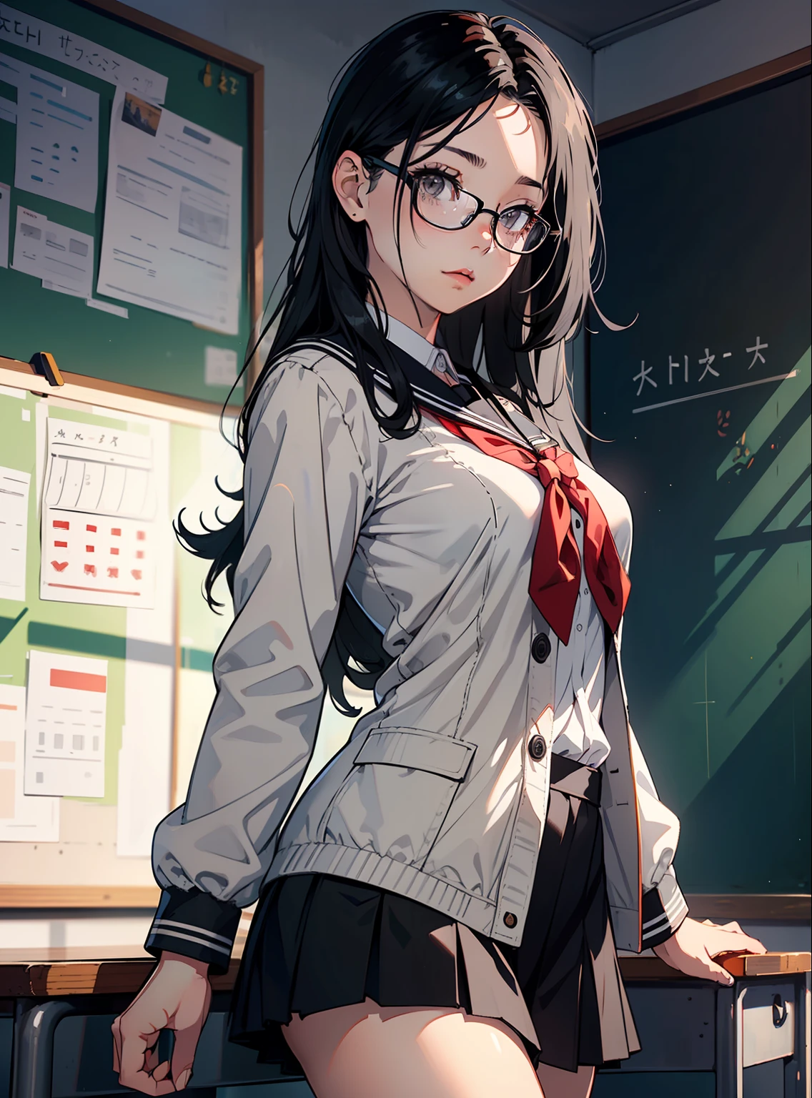 ((masterpiece,best quality)), highres, high resolution, depth_of_field, cowboy shot, solo, 1girl, (medium long hair, black hair, gray eyes:1.4), slender, skinny, big breasts, ((open forehead)), school uniform, white sailor collar, brown jacket, brown sleeves, red bow, black shirt, wearing glasses, classroom,