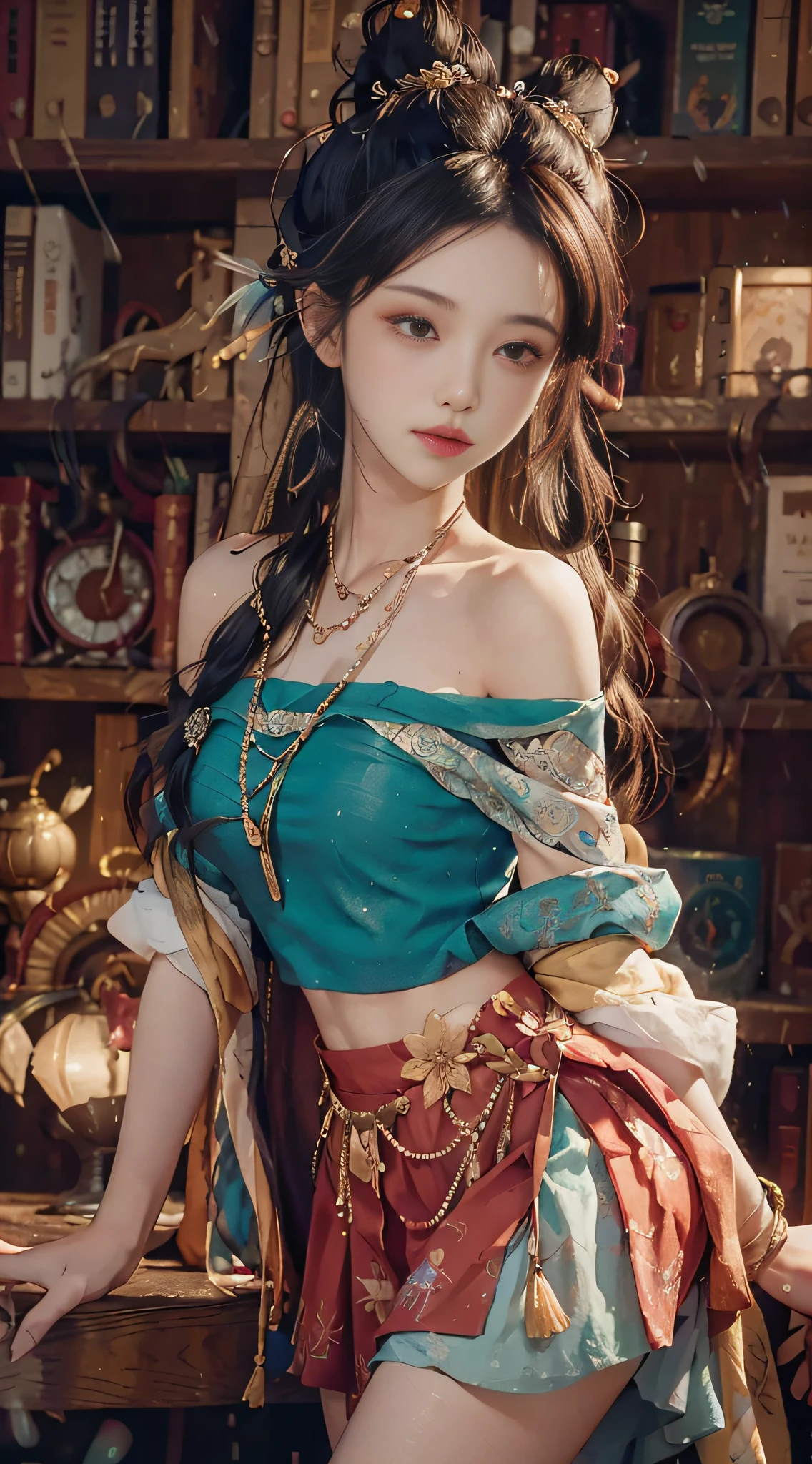 (from the outside) the best quality, masterpieces, realistic photos, intricate details, original photos, inside the office building, raining outside, miniskirt, colorful hair, extra-long hair, off-the-shoulder, feather hair ornaments,