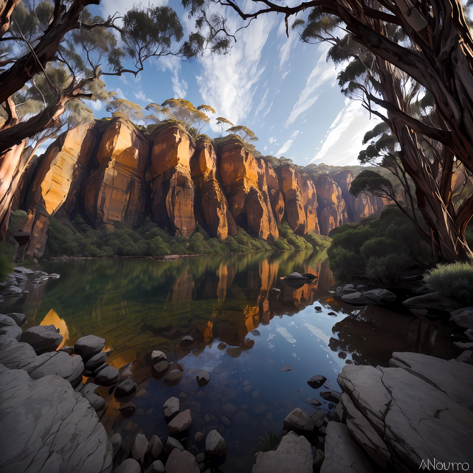 Gum trees with curved perspective, misty lavender and gray green