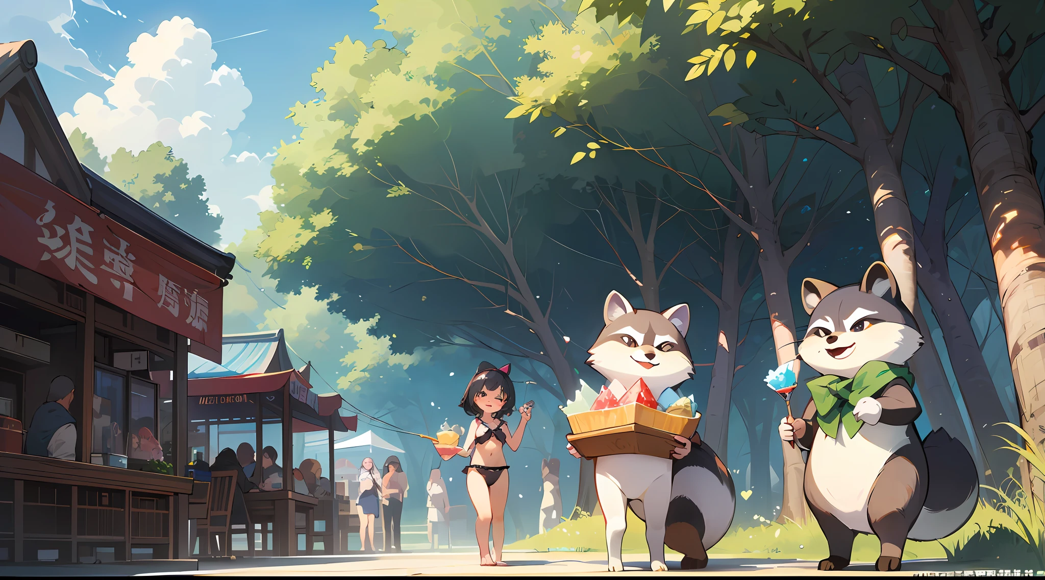 (Summer Festival: 1.3 + Festival: 1.2 + Forest Festival: 0.9), Forest Animals, (Anthropomorphic Raccoons), (Cute Animals),(Everyone Smiles),(Fireworks,Comedy,Food Food),Shaved Ice,(Swimsuit,Yukata),(Dreamland),(Beautiful Sky),(Gentle Wind),(Lots of greenery),(Less people: 0.8),(Direction: "+ Heart Stamp+": 1.3 + Music: 1.1 + Hanamaki: 1.3)