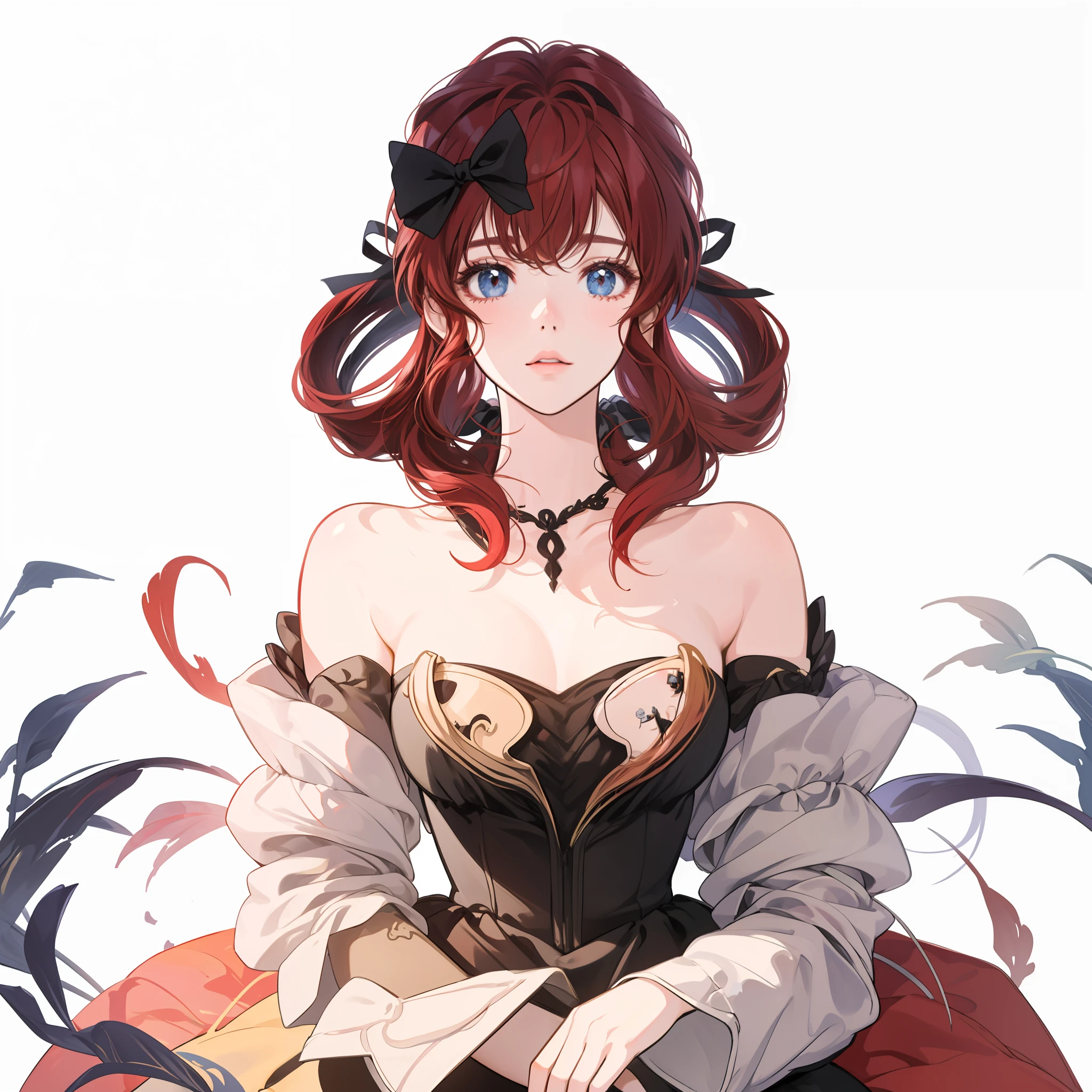 anime girl with red hair and black bow wearing a black dress, made with anime painter studio, anime style. 8k, sayori, anime stylized, stylized anime, anime style portrait, anime moe artstyle, painted in anime painter studio, render of april, anime artstyle, kawaii realistic portrait, loli, high quality anime artstyle, beautiful dress