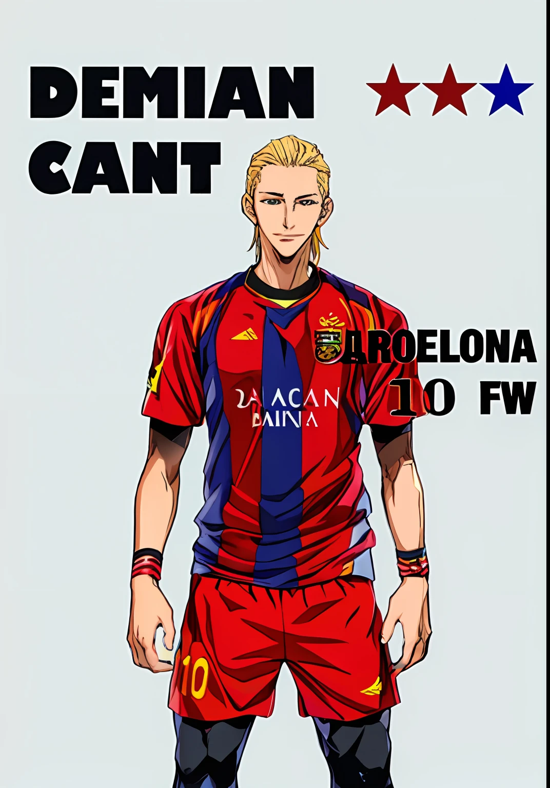 blue and red striped uniform, 1boy, blonde hair color, barcelona jersey kits, black hands sleeve, male focus, solo, sportswear, star (symbol), copyright name, color manga, manga color, color manga, color manga panel, simple background