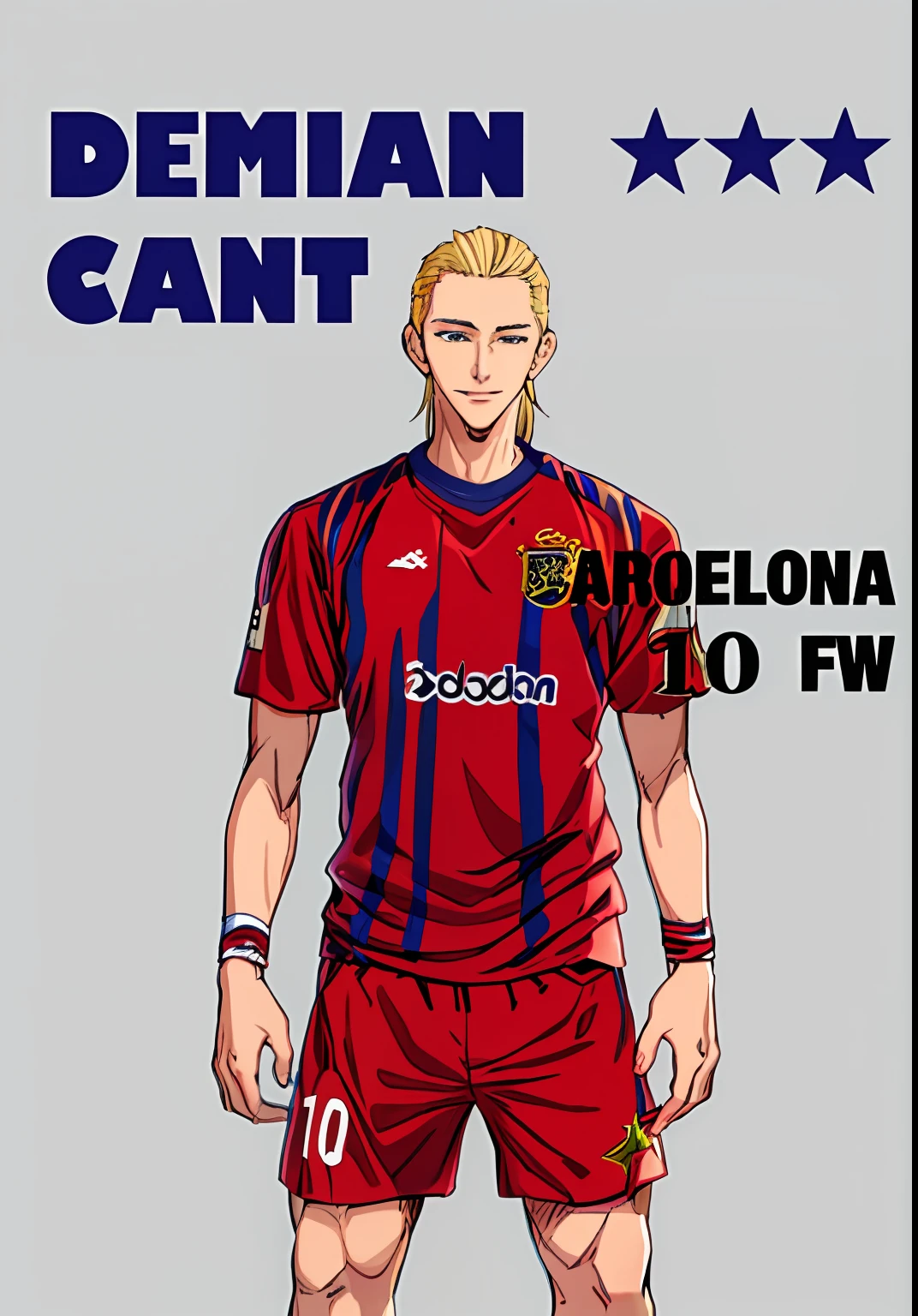 blue and red striped uniform, 1boy, blonde hair color, barcelona jersey kits, black hands sleeve, male focus, solo, sportswear, star (symbol), copyright name, color manga, manga color, color manga, color manga panel, simple background