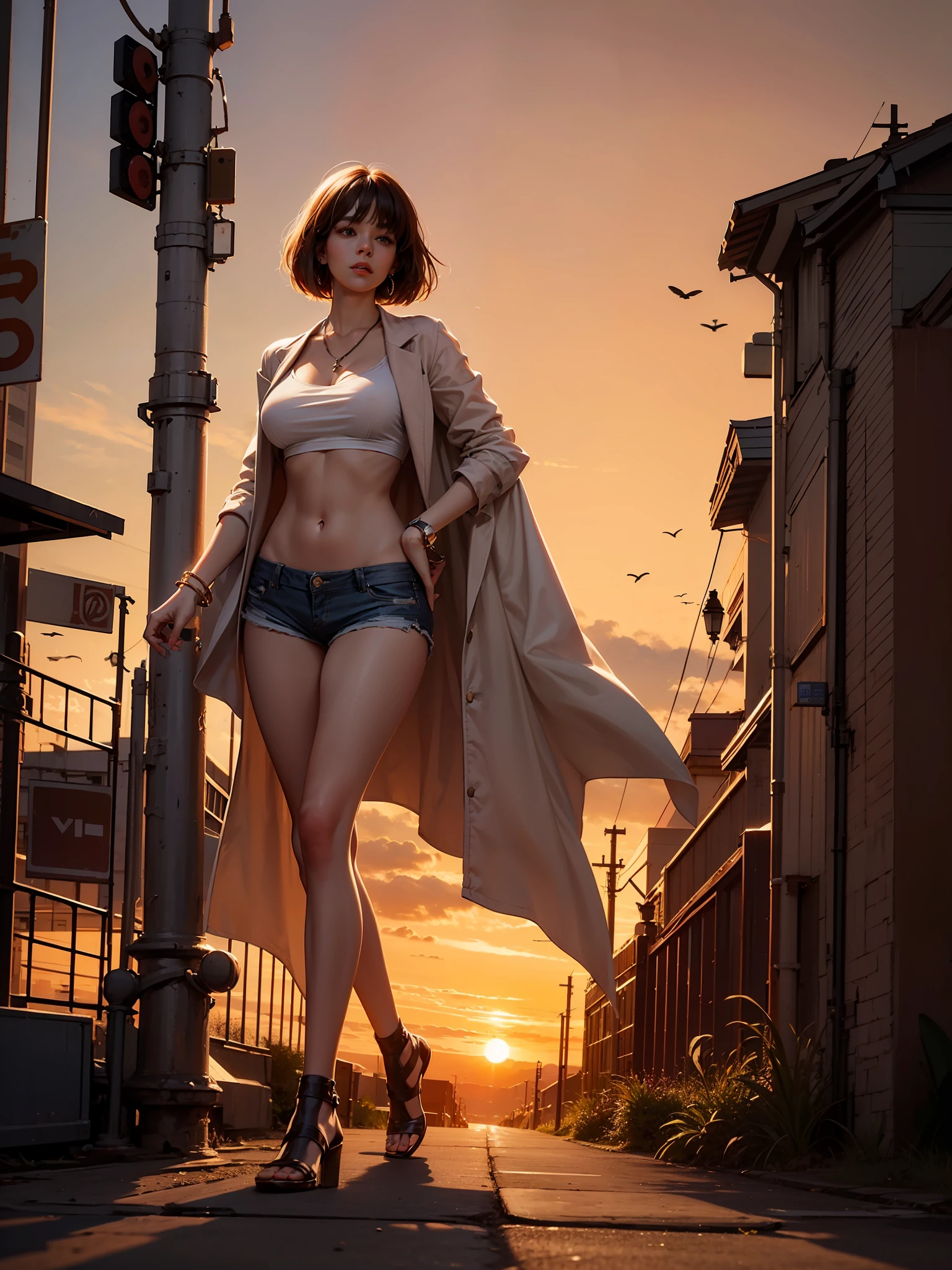 Best quality, full body portrait, delicate face, red short hair, bob haircut, forehead, 18 year old girl, slim figure, huge bust, oversized crop top T-shirt, under boobs, leaning forward, crotch gap, cameltoe, low waist shorts, seen string of bikini bottoms, sunset bridge, vintage vespa behind, scene, standing tall, long leg , necklace, rings, earrings, bracelet, watch, open legs,