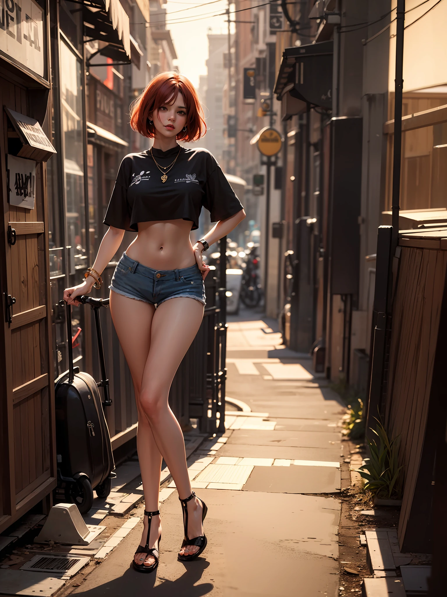 Best quality, full body portrait, delicate face, red short hair, bob haircut, forehead, 18 year old girl, slim figure, huge bust, oversized crop top T-shirt, under boobs, leaning forward, crotch gap, cameltoe, low waist shorts, seen string of bikini bottoms, sunset bridge, vintage vespa behind, scene, standing tall, long leg , necklace, rings, earrings, bracelet, watch, open legs,