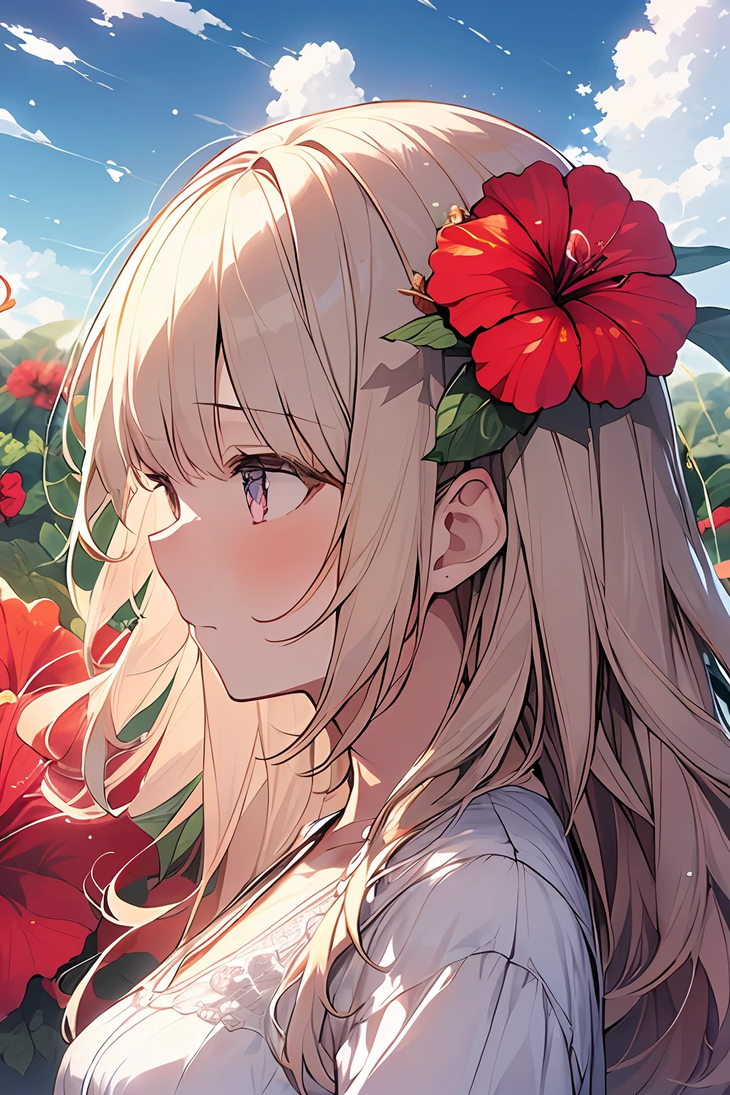 masterpiece, Ultra-detail, illustration, (1girls,solo), blonde hair, hibiscus, sad, closed mouth, (White dress, It features a simple) break (Depth of field:1.4), dramatic cloud, flower fields, (hibiscus:1.4), (from side)