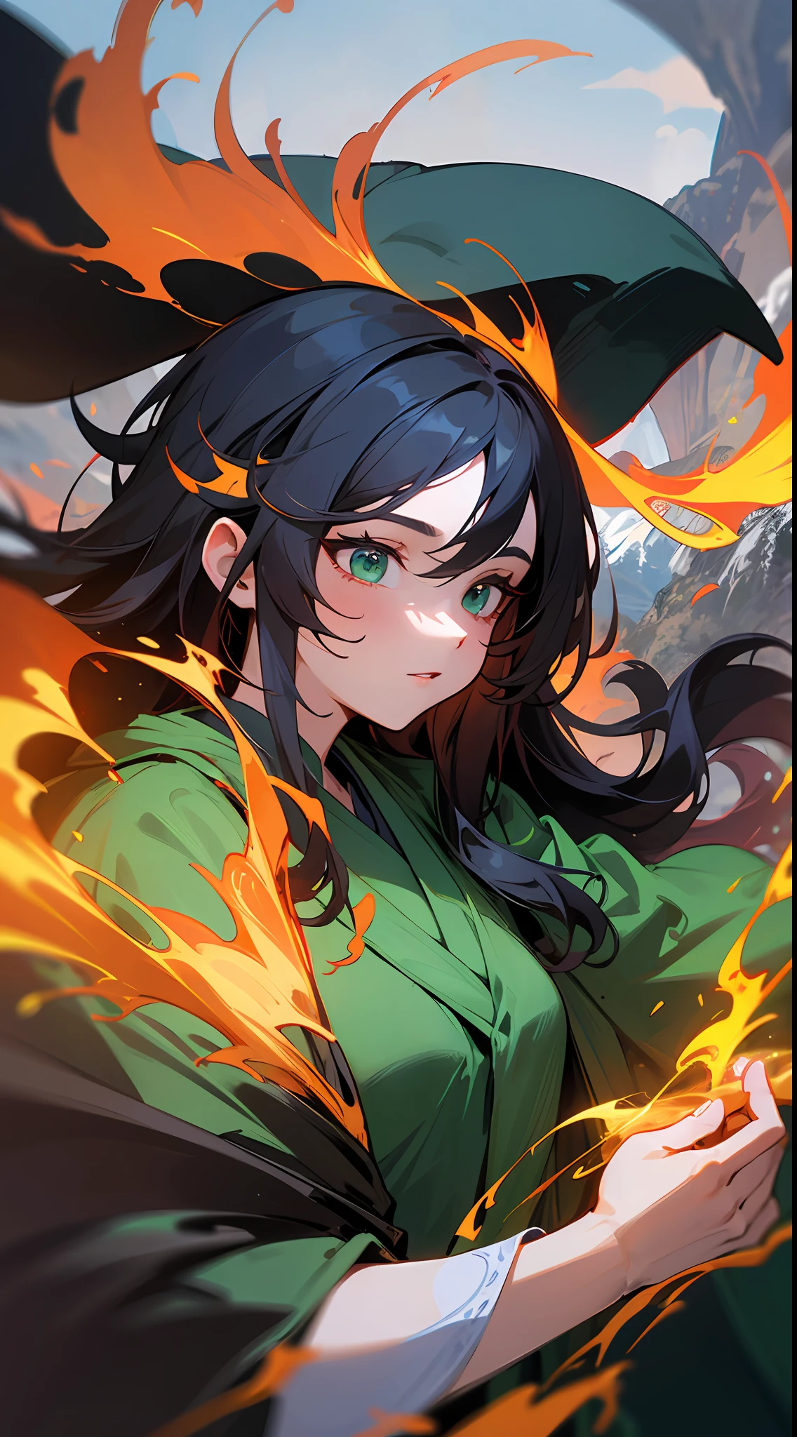 best qualiy、highdetailed、8K、4 k、Highresolution、highdetailed、Black and long-haired witch、Upper body is shown、Wearing a green robe、Unleash the magic of fire from your hands、(Fantasy world）、Mountain stream in the day、
