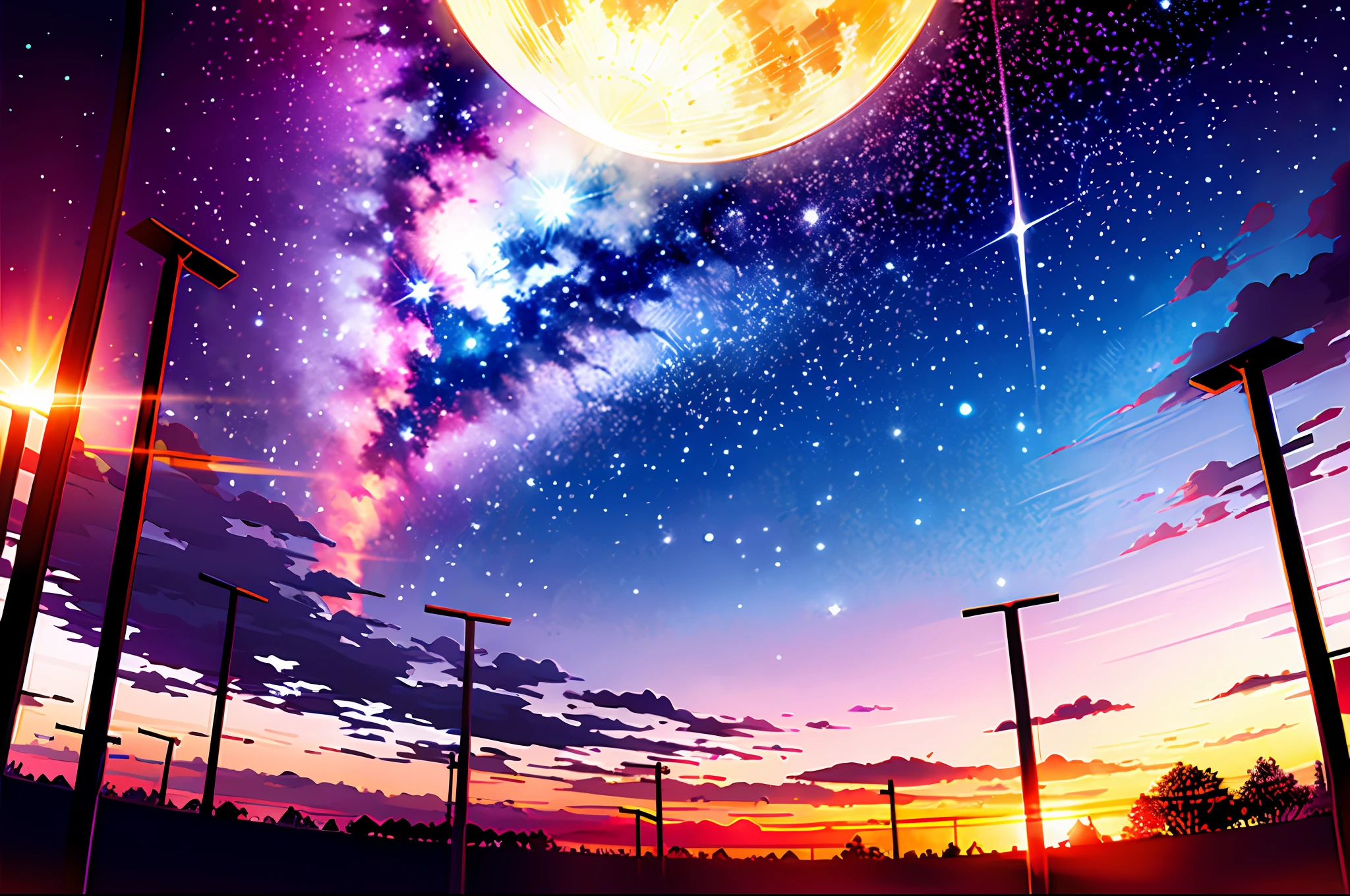 Vast landscape photo, (view from below showing the sky above and open field below), girl standing in a flower field and looking up, (Full moon: 1.2), (shooting star: 0.9), (Nebula: 1.3), distant mountains, tree break production art, (warm light source: 1.2), (Firefly: 1.2), a lot of purple and orange, intricate detail, volumetric lighting BREAK (masterpiece:1.2), (Best Quality), 4K, Ultra Detail, (Dynamic Composition:1.4), High Detail, Colorful Detail,( Iridescent:1.2), ( Glowing Lighting, Atmospheric Lighting), Dreamy, Magical, (Solo:1.2)