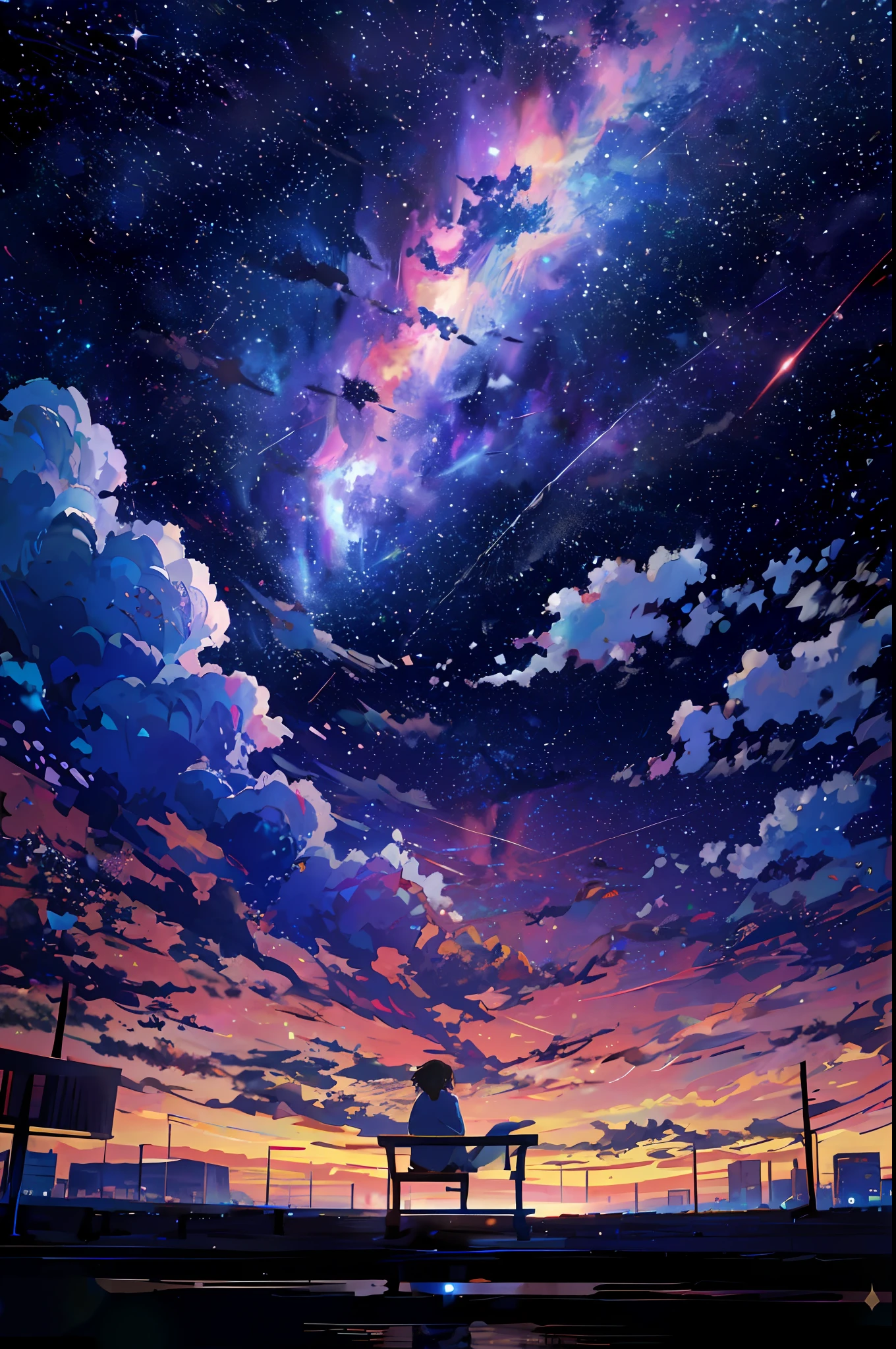 anime, the sky, stars, the bench, the milky, the stars, the sky, the stars, the bench, the milky, the stars, the, cosmic skies. by makoto shinkai, anime sky, cosmic sky, amazing wallpaper, cosmic skies, anime art wallpaper 4 k, anime art wallpaper 4k, stary sky, beautiful anime scene