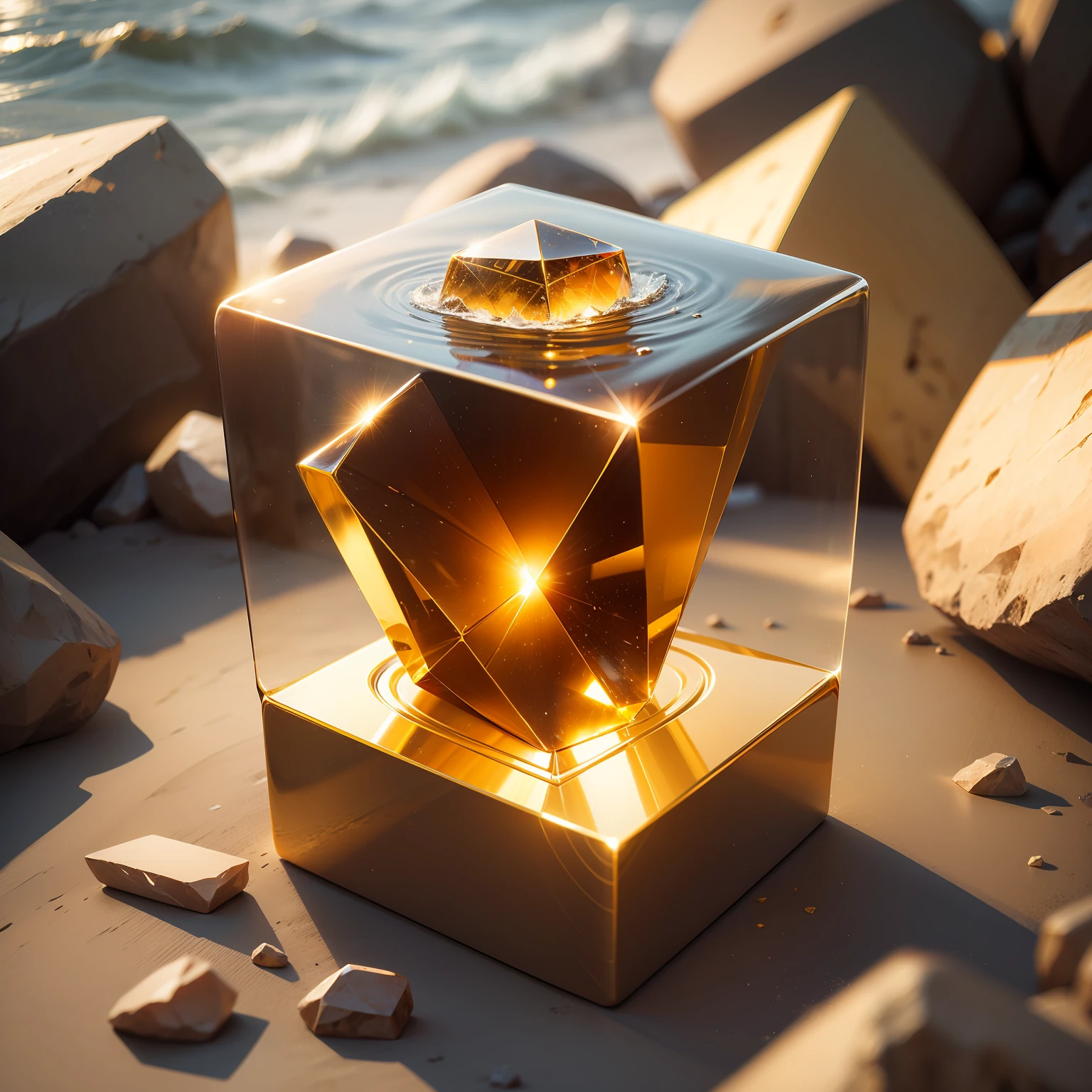 The six-sided cube of the golden solid crystal on the rock is clear and translucent --auto