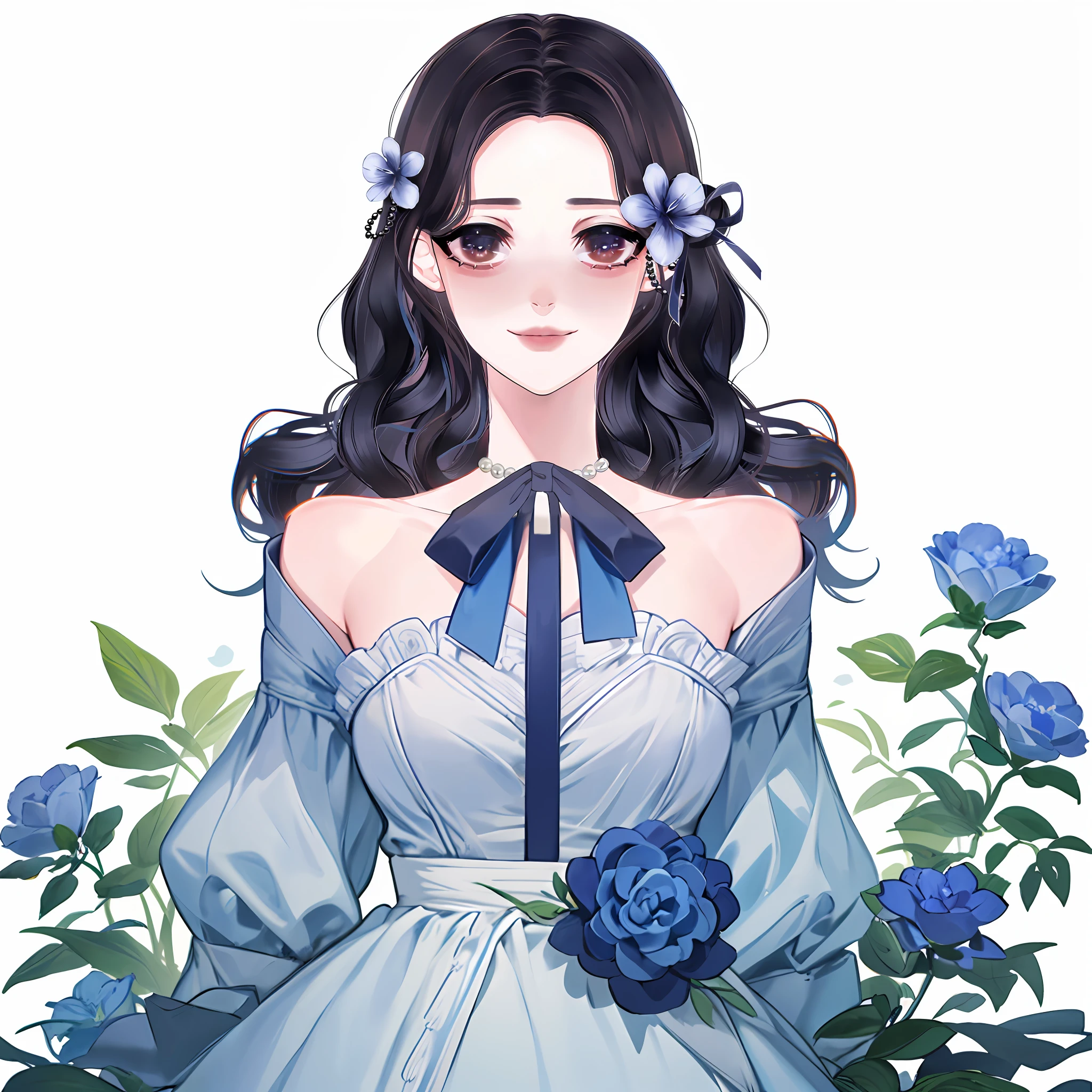 anime girl with long black hair and blue flowers in her hair, kawaii realistic portrait, in the art style of bowater, ahegao, ahegao face, detailed portrait of anime girl, digital anime illustration, detailed face ), inspired by Sim Sa-jeong, stylized portrait h 640, guweiz, high quality portrait, beautiful dress