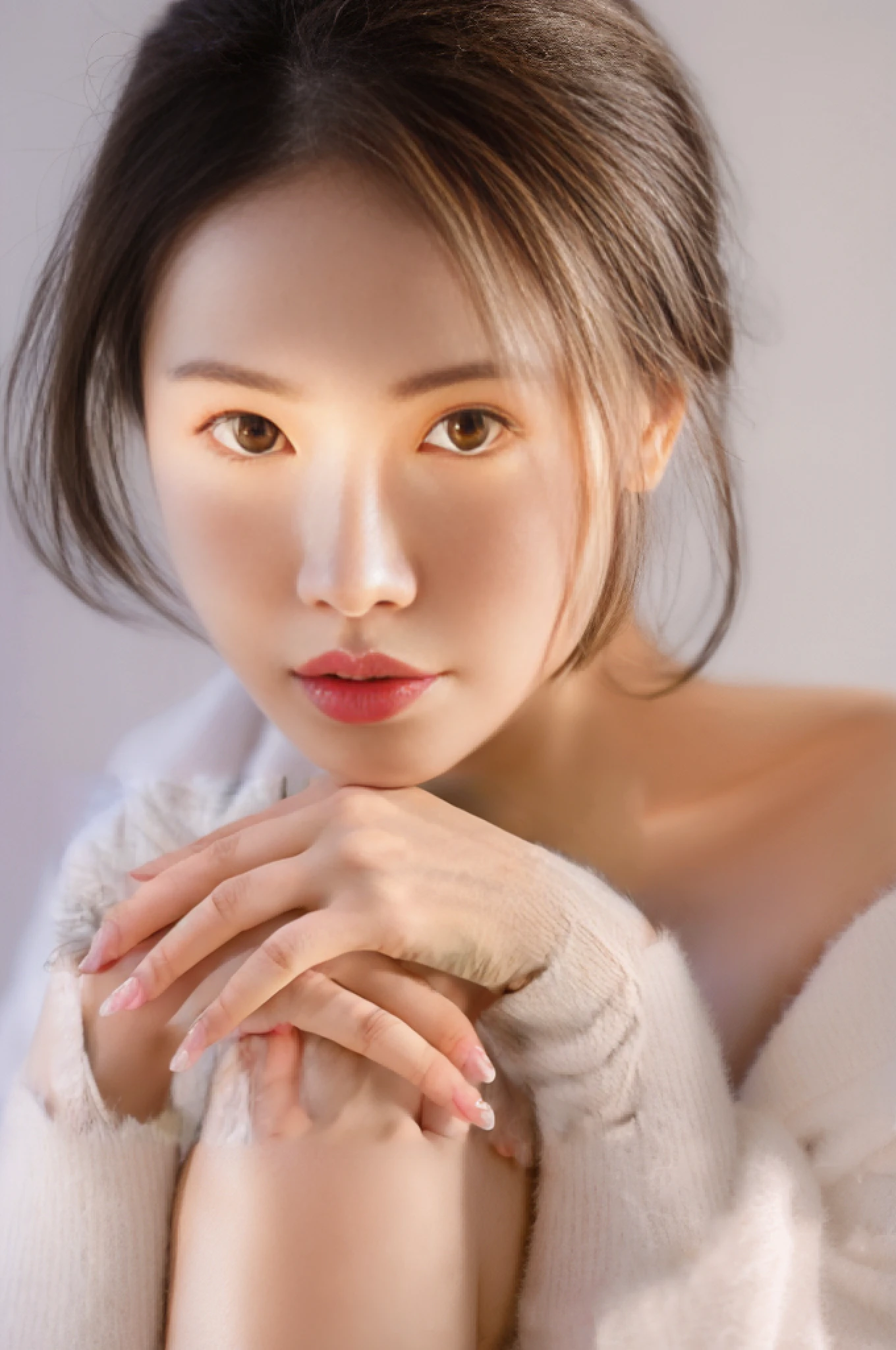 best qulity，Super realistic，arafed woman with a white sweater and a white sweater, gorgeous korean young woman, Beautiful young Korean woman, Beautiful Korean woman, woman with porcelain skin, glowing porcelain skin, young adorable korean face, soft portrait shot 8 k, korean woman, beautiful delicate face, beautiful young asian woman, asian beautiful face, beautiful asian woman, cute delicate face，Super meticulous hands，Delicate hands，Delicate hands