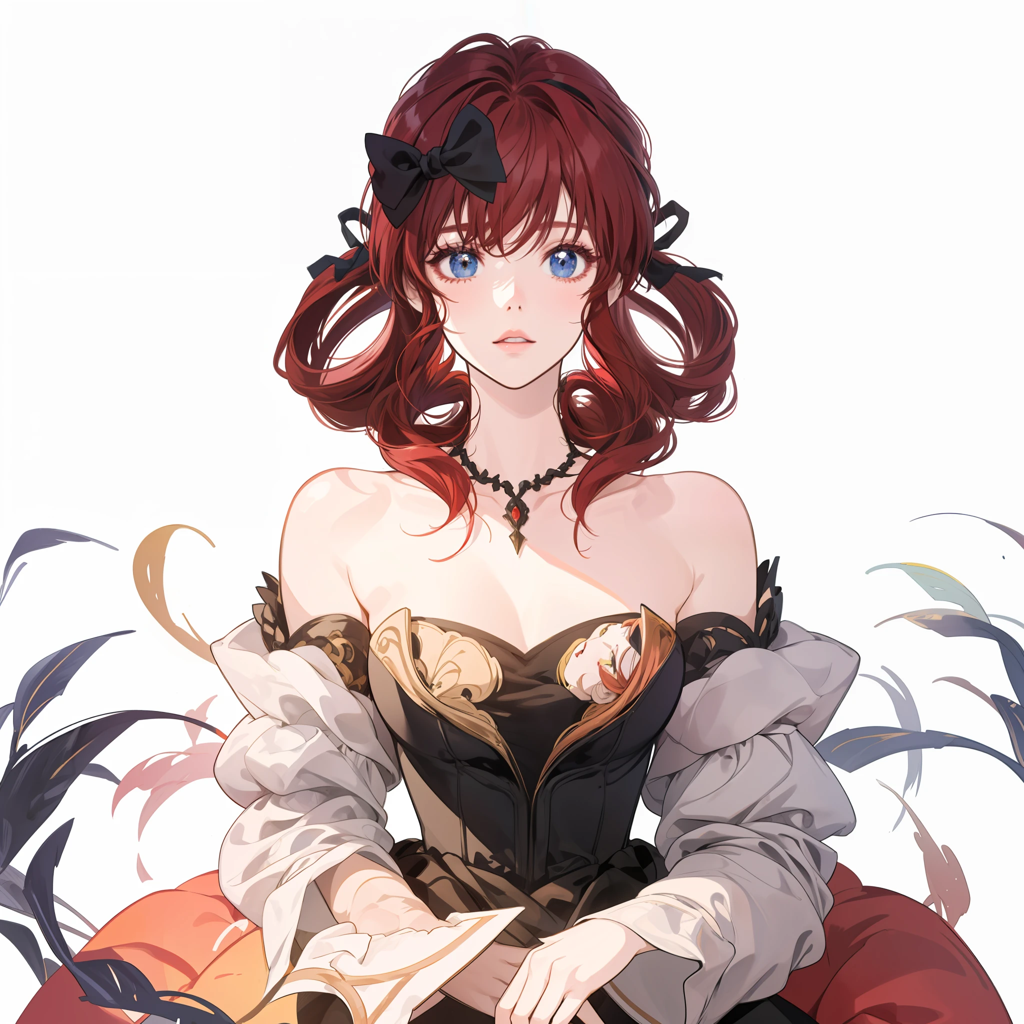 anime girl with red hair and black bow wearing a black dress, made with anime painter studio, anime style. 8k, sayori, anime stylized, stylized anime, anime style portrait, anime moe artstyle, painted in anime painter studio, render of april, anime artstyle, kawaii realistic portrait, , high quality anime artstyle, beautiful dress