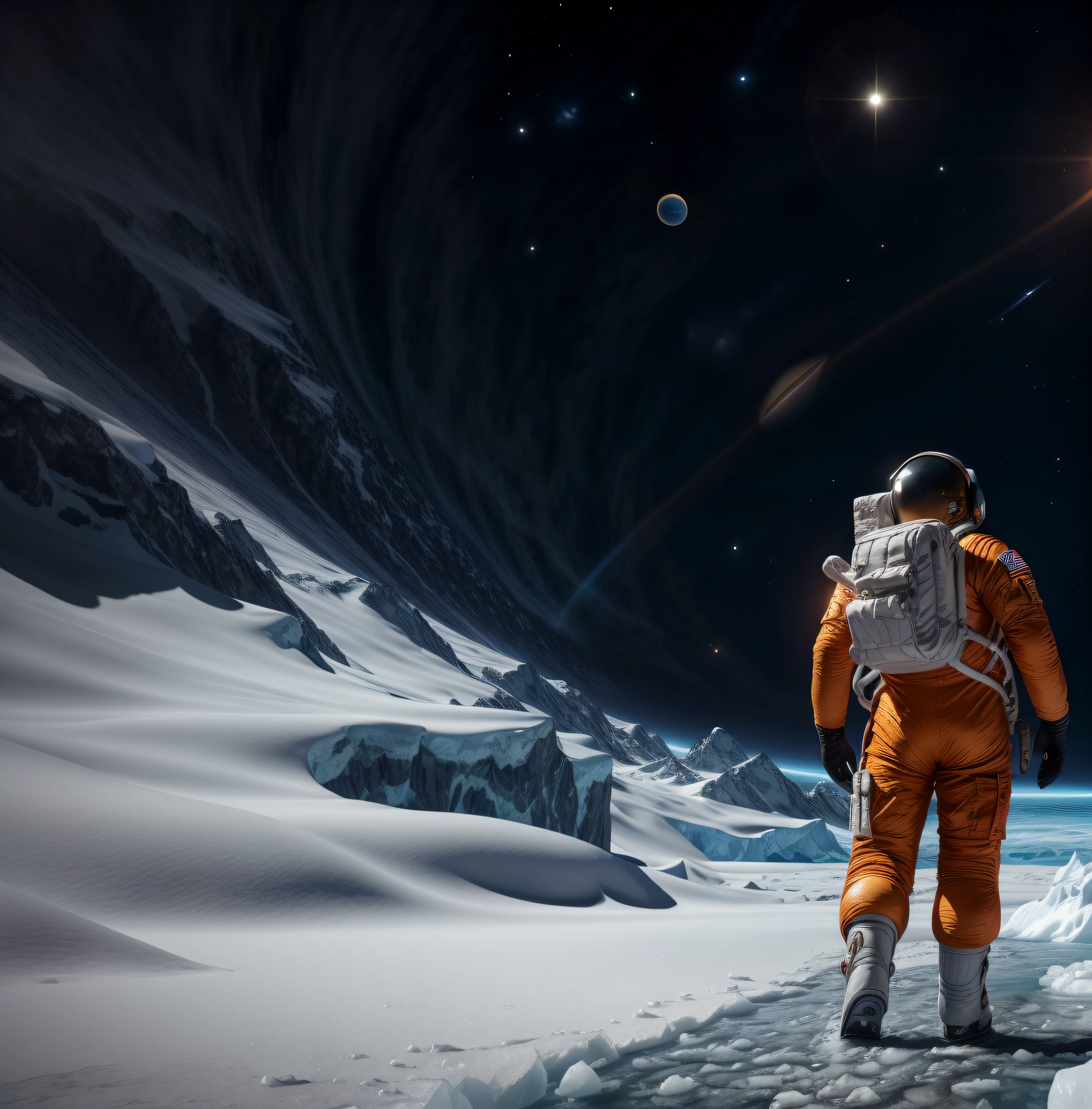 Astronaut walking around the planet with a backpack in hand, astronaut walking, walking across ice planet, astronaut stranded on planet, astronaut standing looking, standing in outer space, The astronaut, detailed astronaut, The astronaut, astronaut in space, An astronaut, movie poster character, Spacesuit, inspired by Aleksandr Gerasimov, an astronaut lost in the ocean
